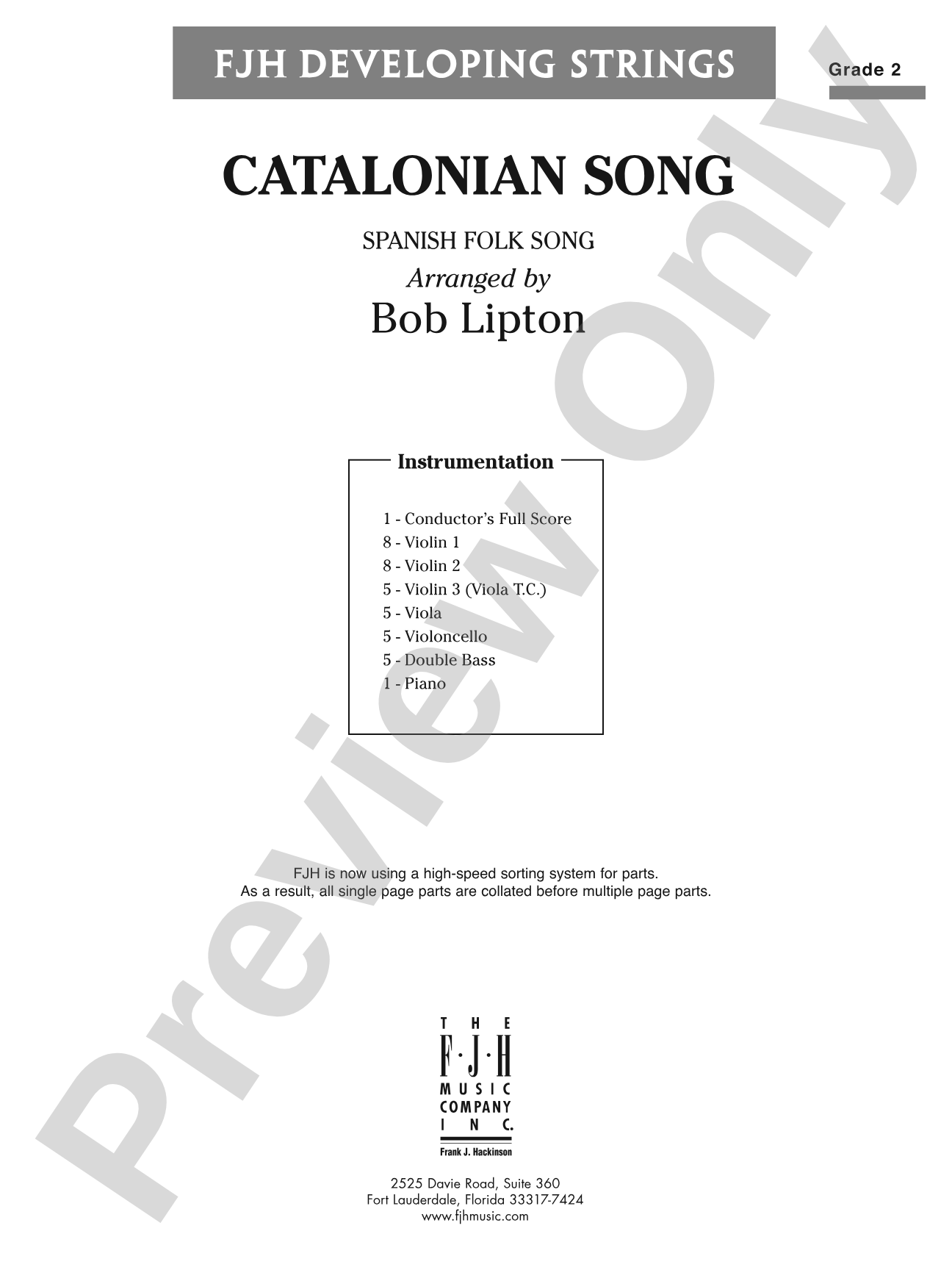 Catalonian Song: String Orchestra Conductor Score & Parts