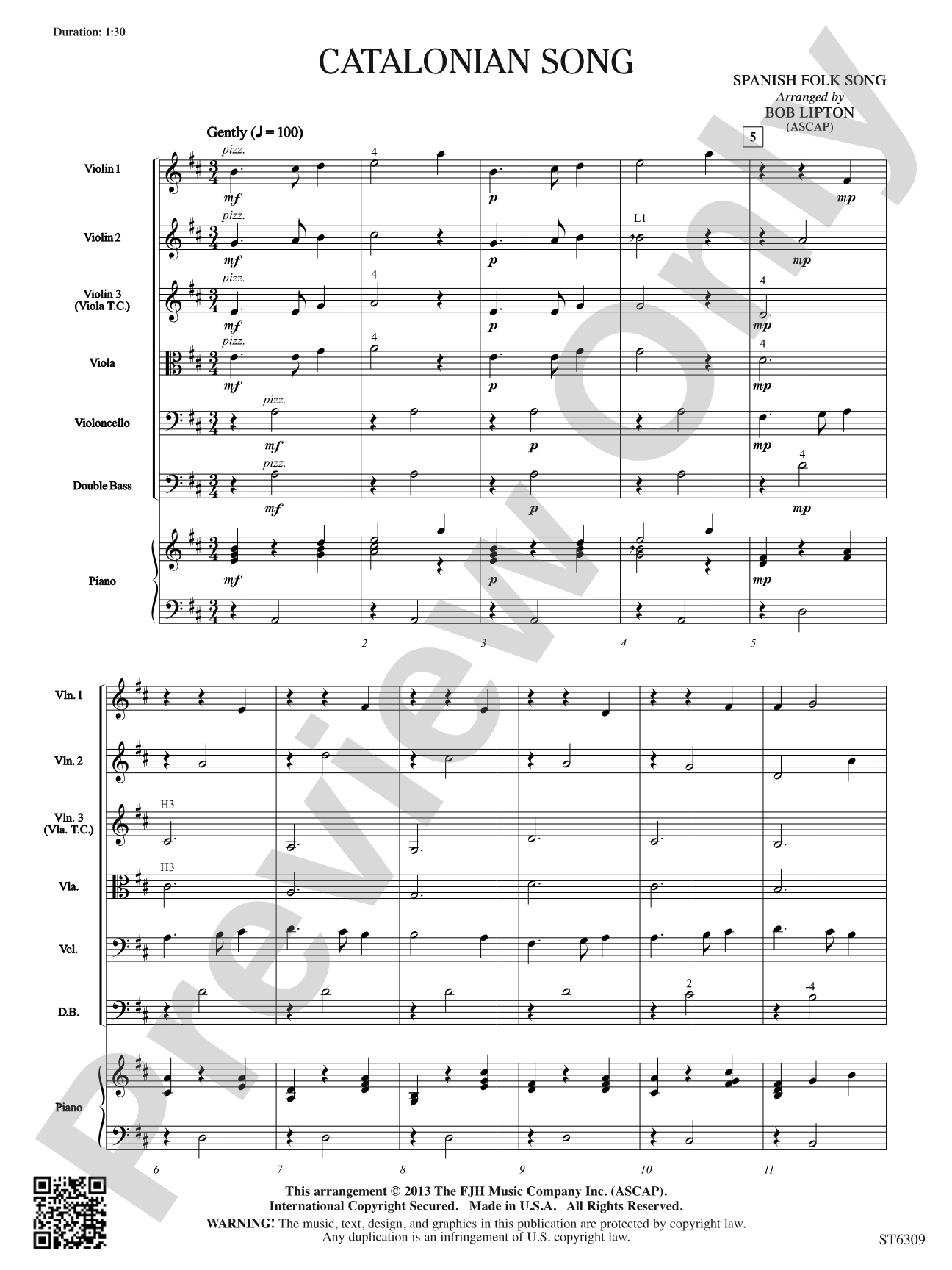 Catalonian Song: String Orchestra Conductor Score & Parts