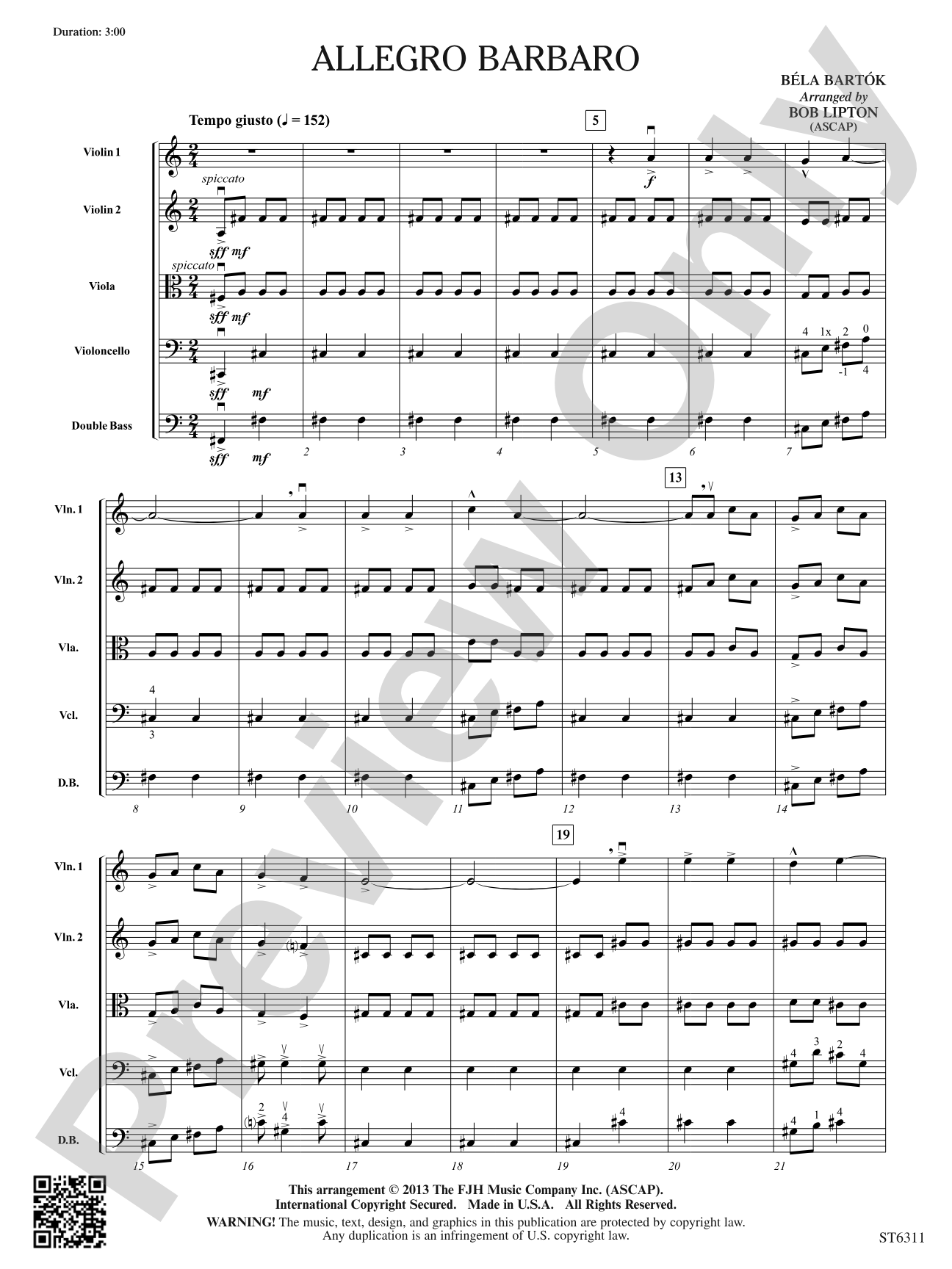 Allegro Barbaro: String Orchestra Conductor Score & Parts