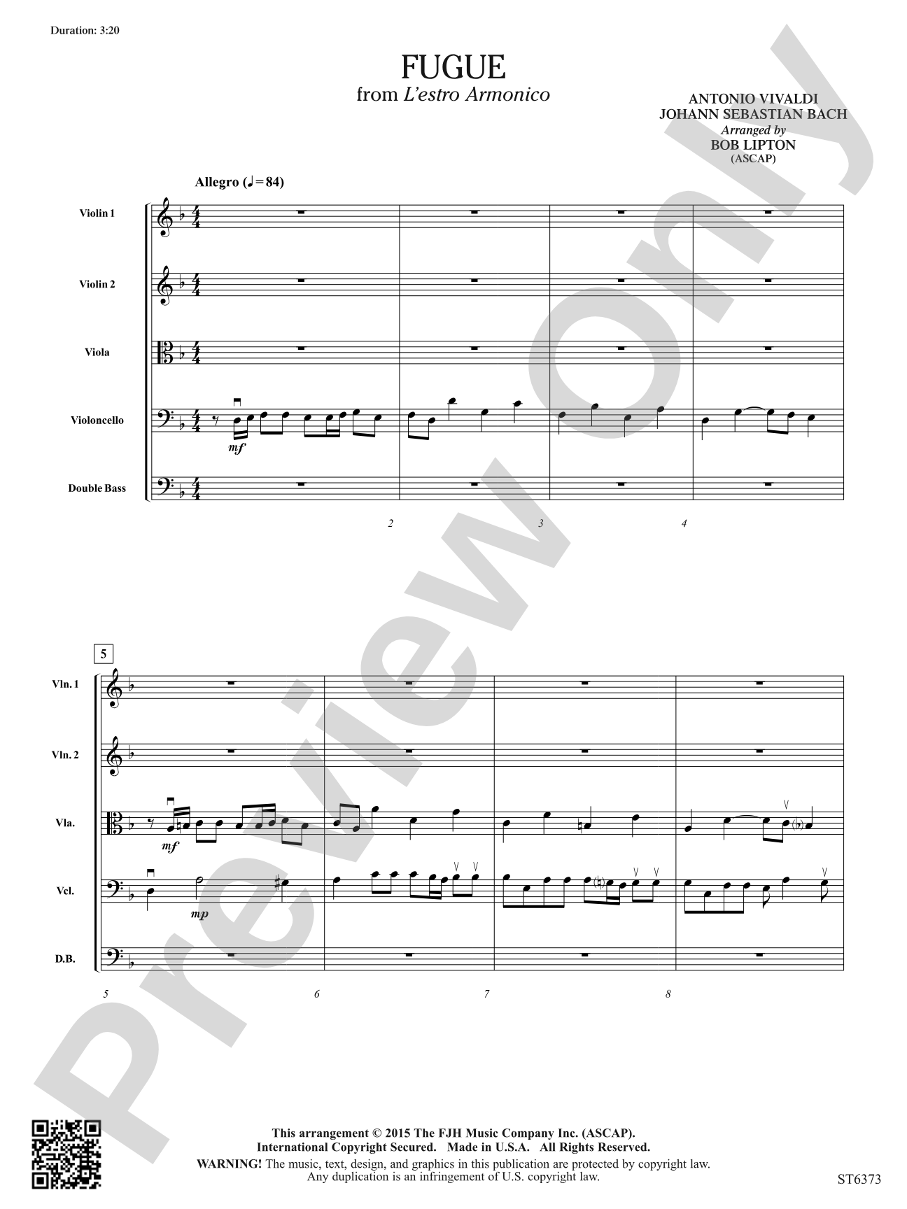 Fugue from L'estro Armonico: String Orchestra Conductor Score & Parts