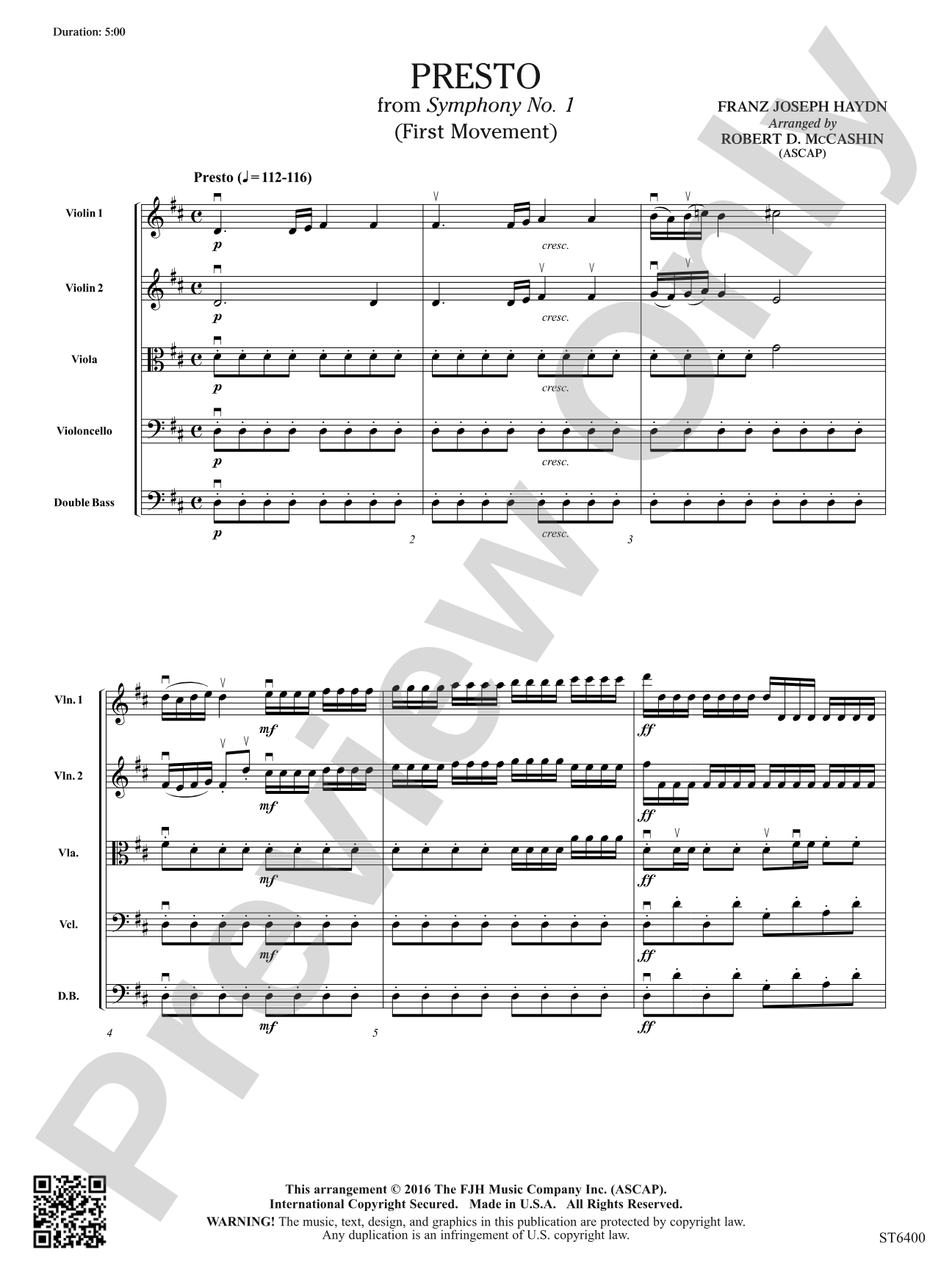 Presto from Symphony No. 1 (First Movement): String Orchestra Conductor Score & Parts