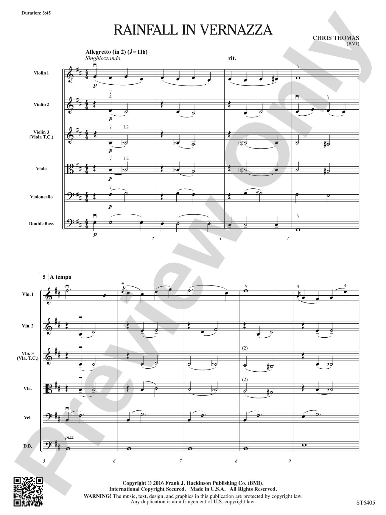 Rainfall in Vernazza: String Orchestra Conductor Score & Parts