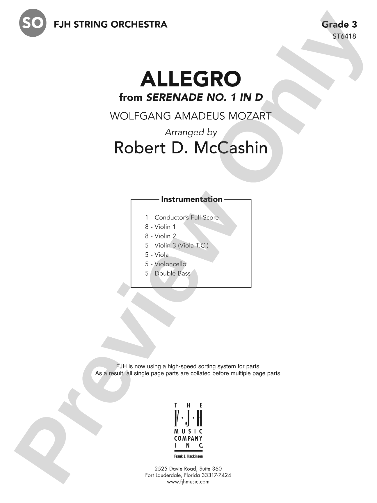 Allegro from Serenade No 1 in D: String Orchestra Conductor Score & Parts