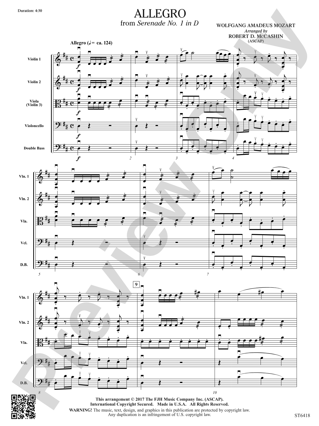 Allegro from Serenade No 1 in D: String Orchestra Conductor Score & Parts