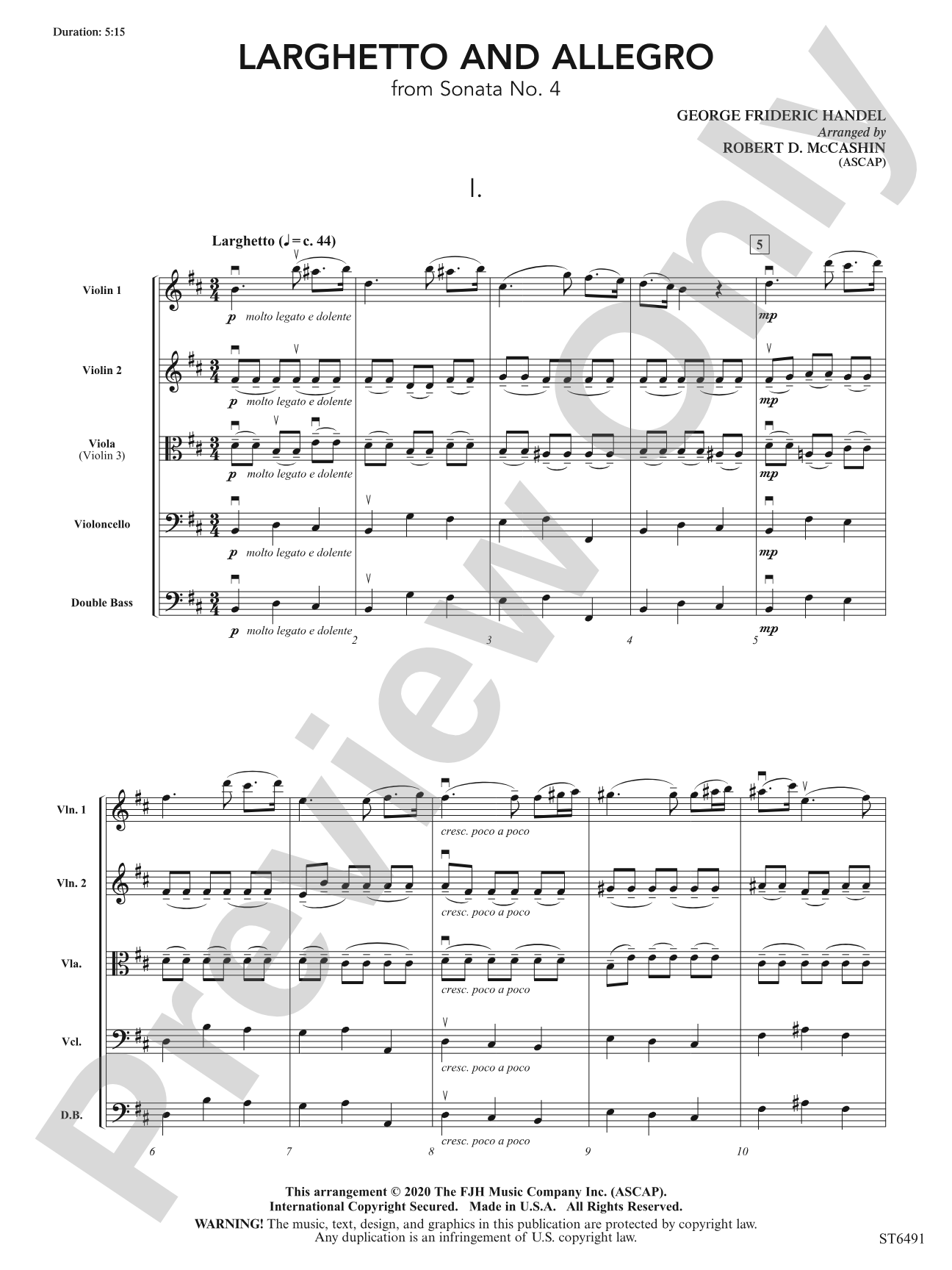Larghetto and Allegro (from Sonata No. 4): String Orchestra Conductor Score & Parts