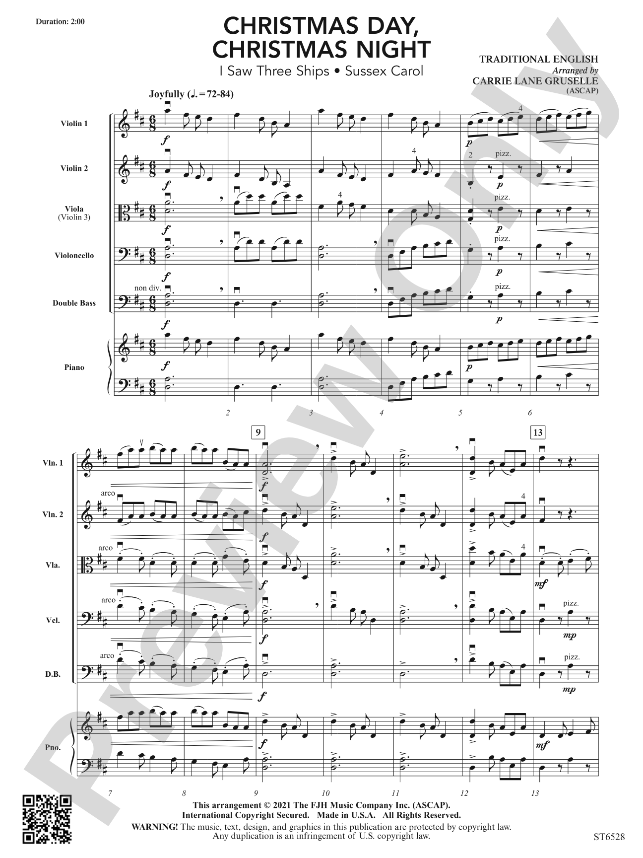 Christmas Day, Christmas Night (I Saw Three Ships - Sussex Carol): String Orchestra Conductor Score & Parts