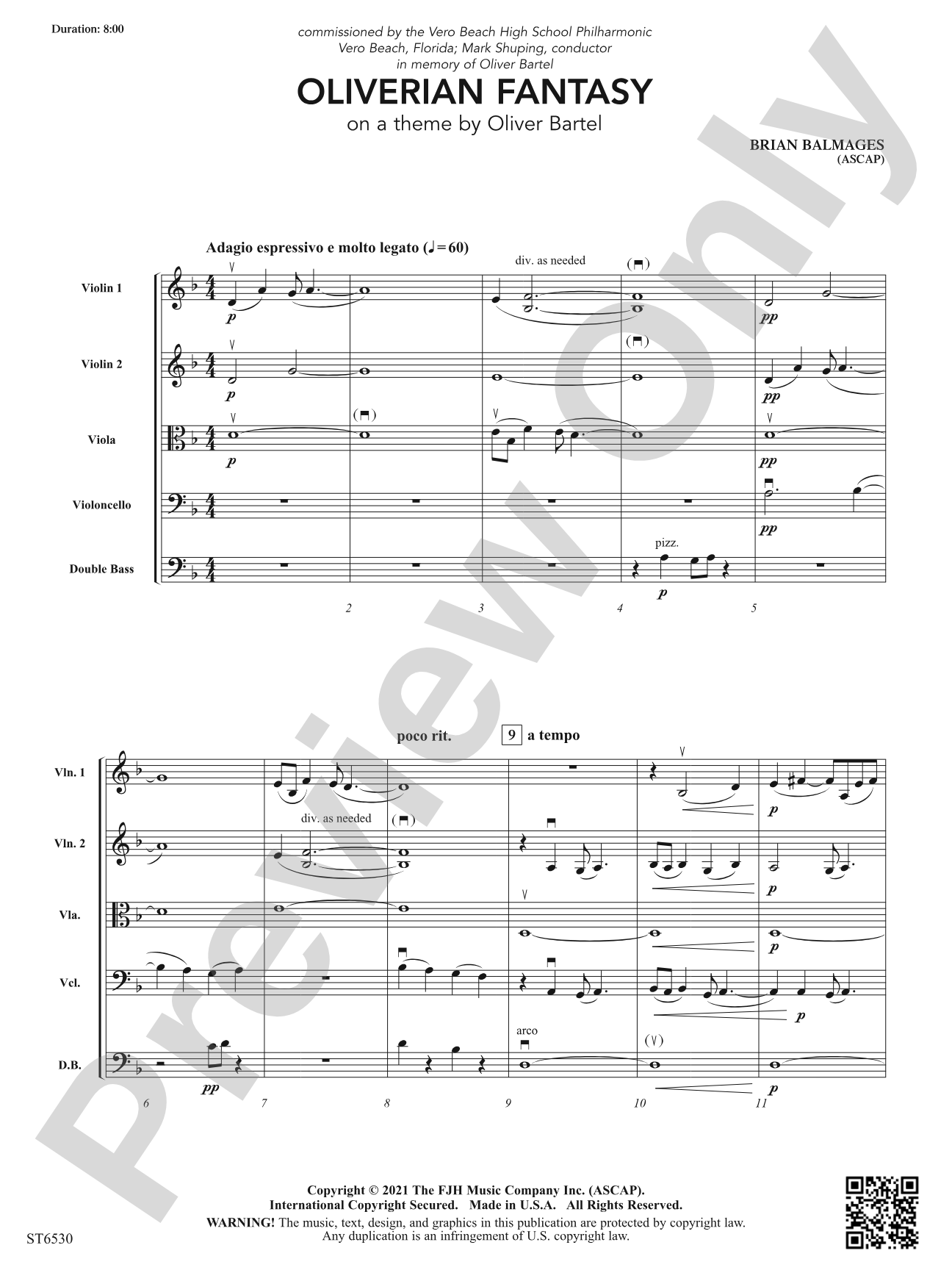 Oliverian Fantasy (on a theme by Oliver Bartel): String Orchestra Conductor Score & Parts