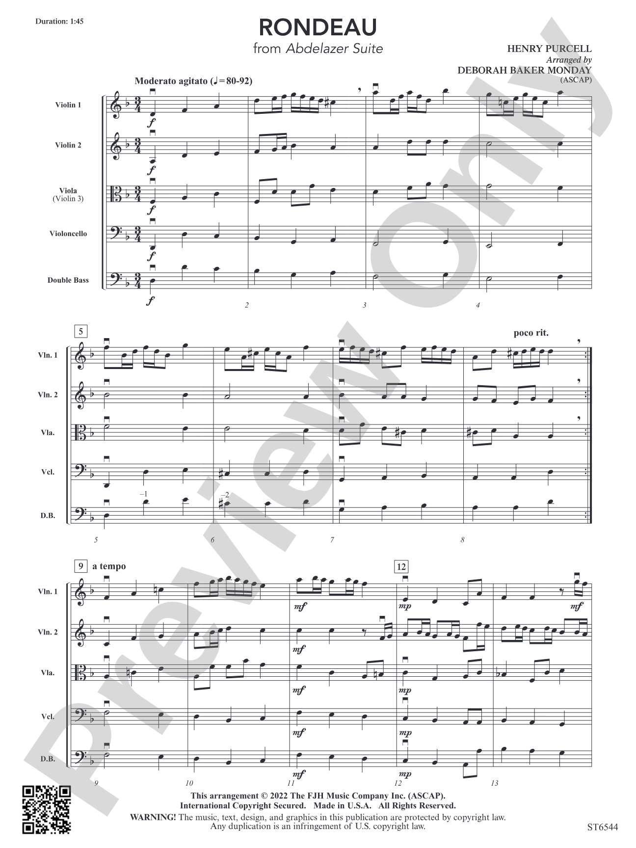 Rondeau (from Abdelazer Suite): String Orchestra Conductor Score & Parts