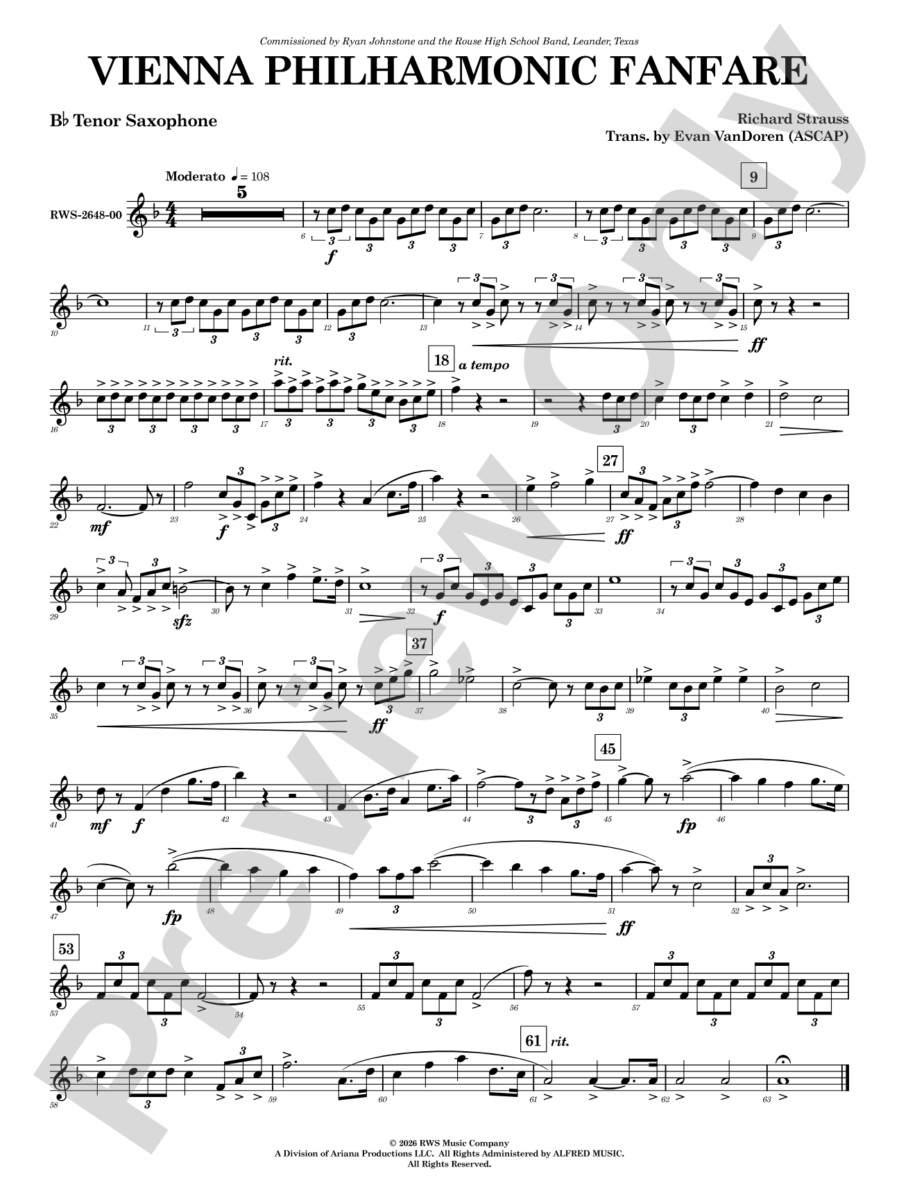 Vienna Philharmonic Fanfare: B-flat Tenor Saxophone
