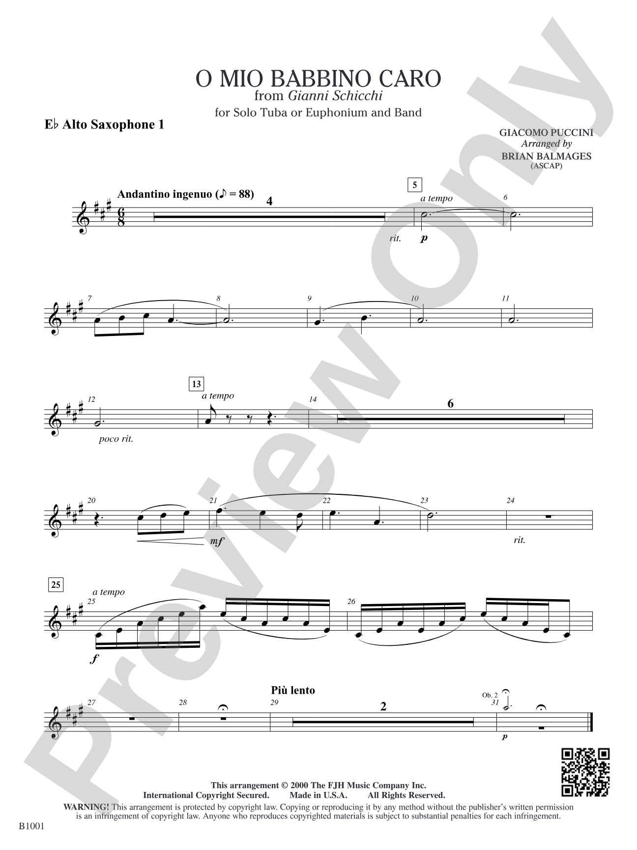 O Mio Babbino Caro (from Puccini's <i>Gianni Schicchi</i>): E-flat Alto Saxophone 1