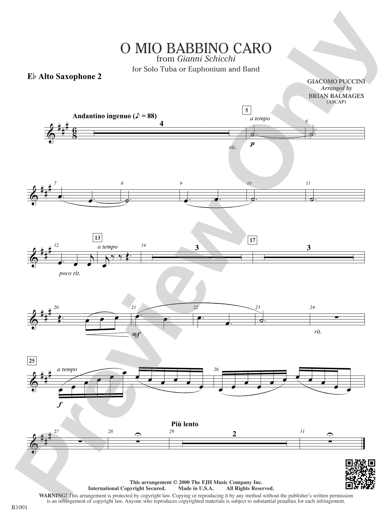 O Mio Babbino Caro (from Puccini's <i>Gianni Schicchi</i>): E-flat Alto Saxophone 2