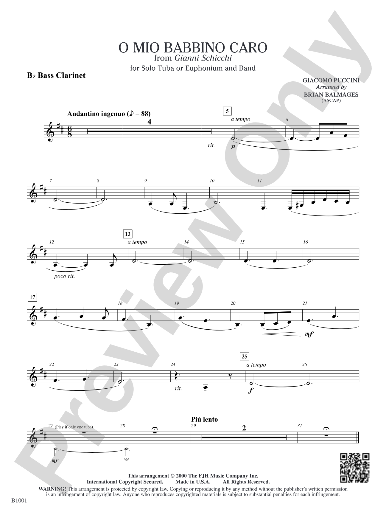 O Mio Babbino Caro (from Puccini's <i>Gianni Schicchi</i>): B-flat Bass Clarinet