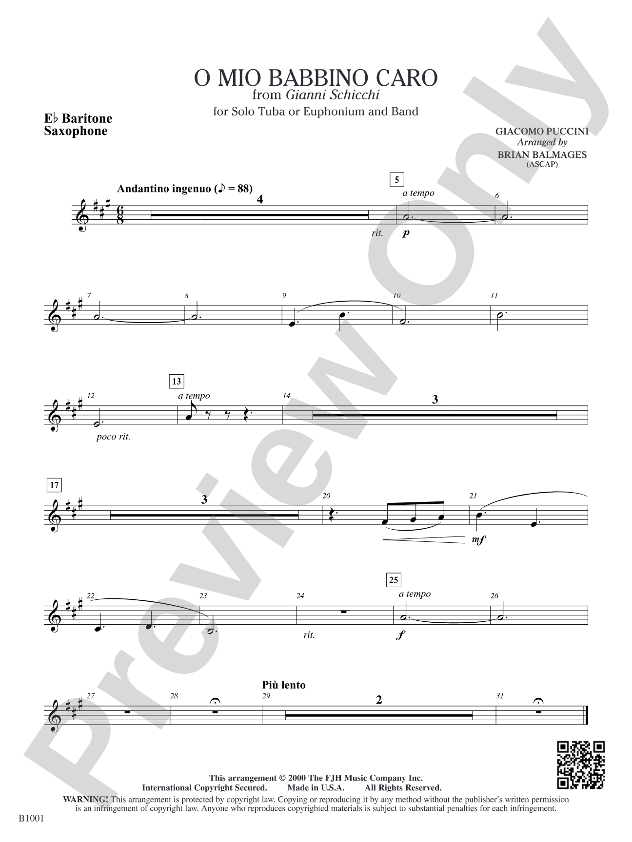 O Mio Babbino Caro (from Puccini's <i>Gianni Schicchi</i>): E-flat Baritone Saxophone