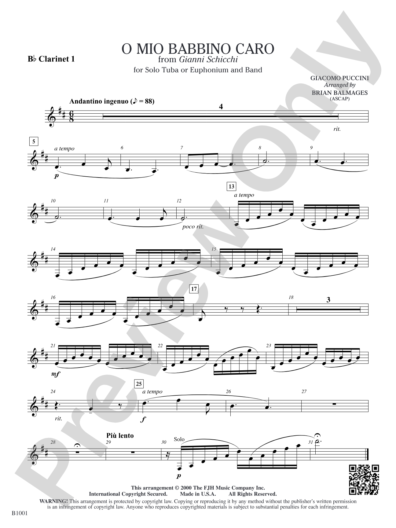 O Mio Babbino Caro (from Puccini's <i>Gianni Schicchi</i>): B-flat Clarinet 1
