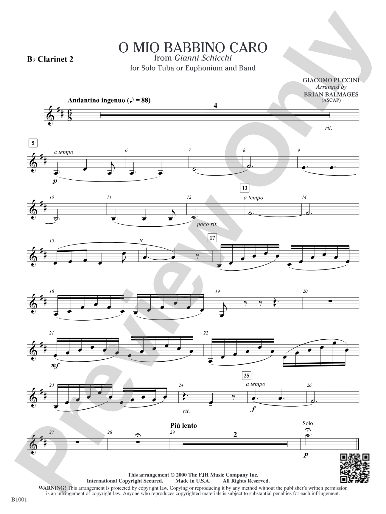 O Mio Babbino Caro (from Puccini's <i>Gianni Schicchi</i>): B-flat Clarinet 2