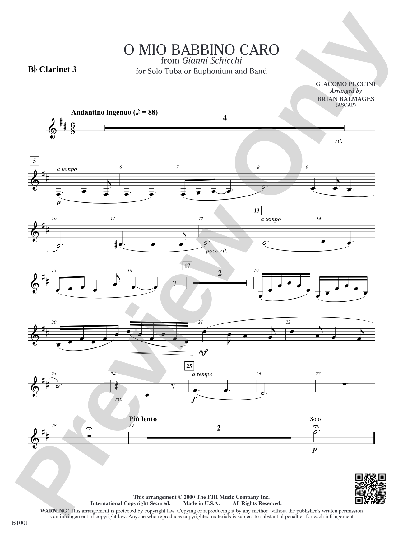 O Mio Babbino Caro (from Puccini's <i>Gianni Schicchi</i>): B-flat Clarinet 3