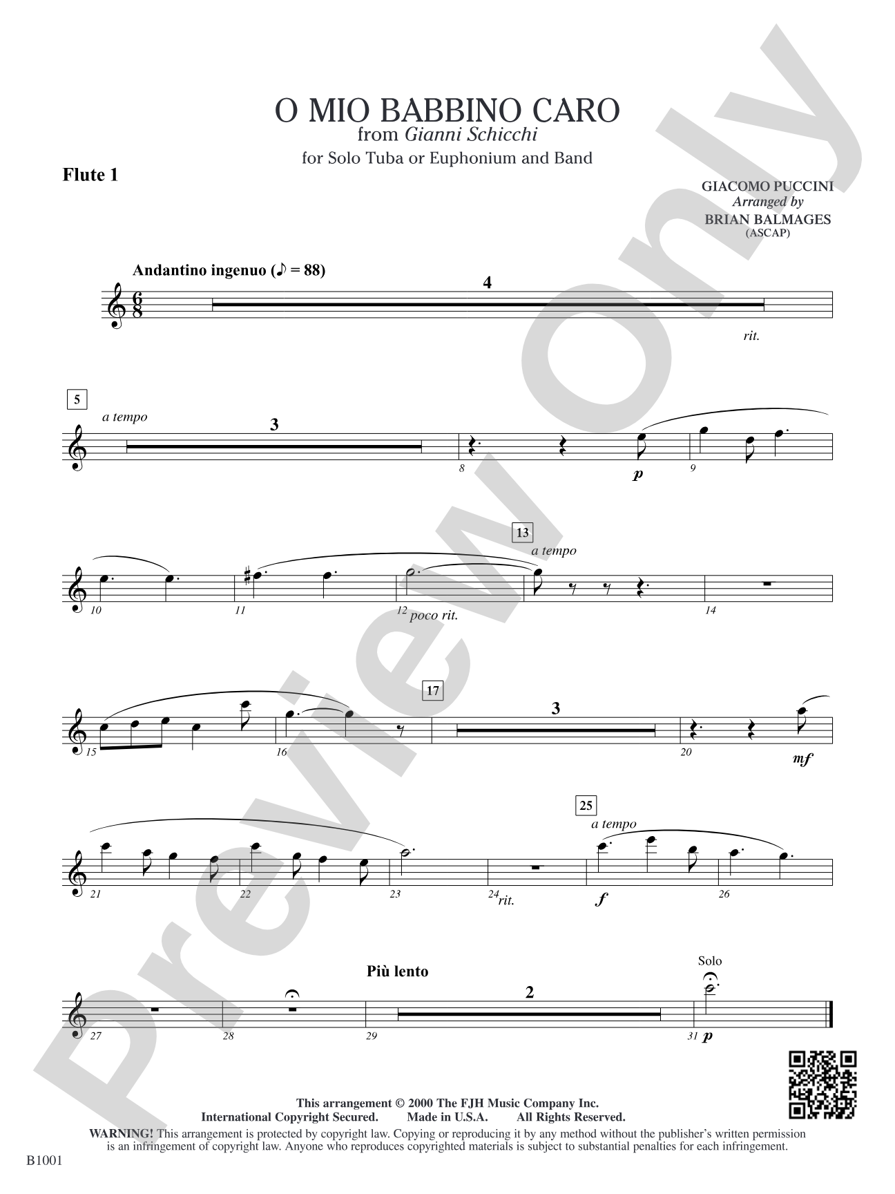 O Mio Babbino Caro (from Puccini's <i>Gianni Schicchi</i>): Flute 1