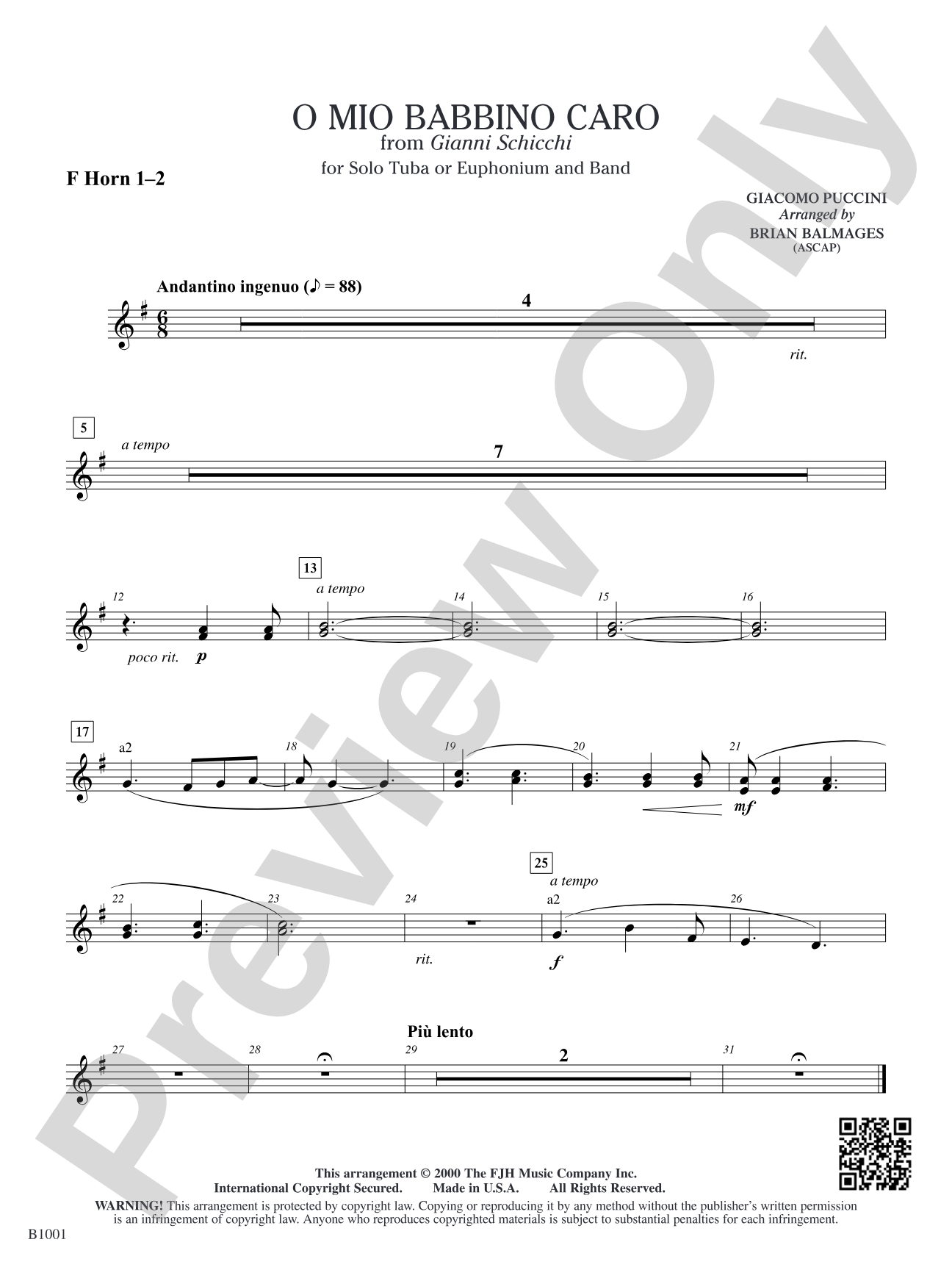 O Mio Babbino Caro (from Puccini's <i>Gianni Schicchi</i>): F Horn 1–2
