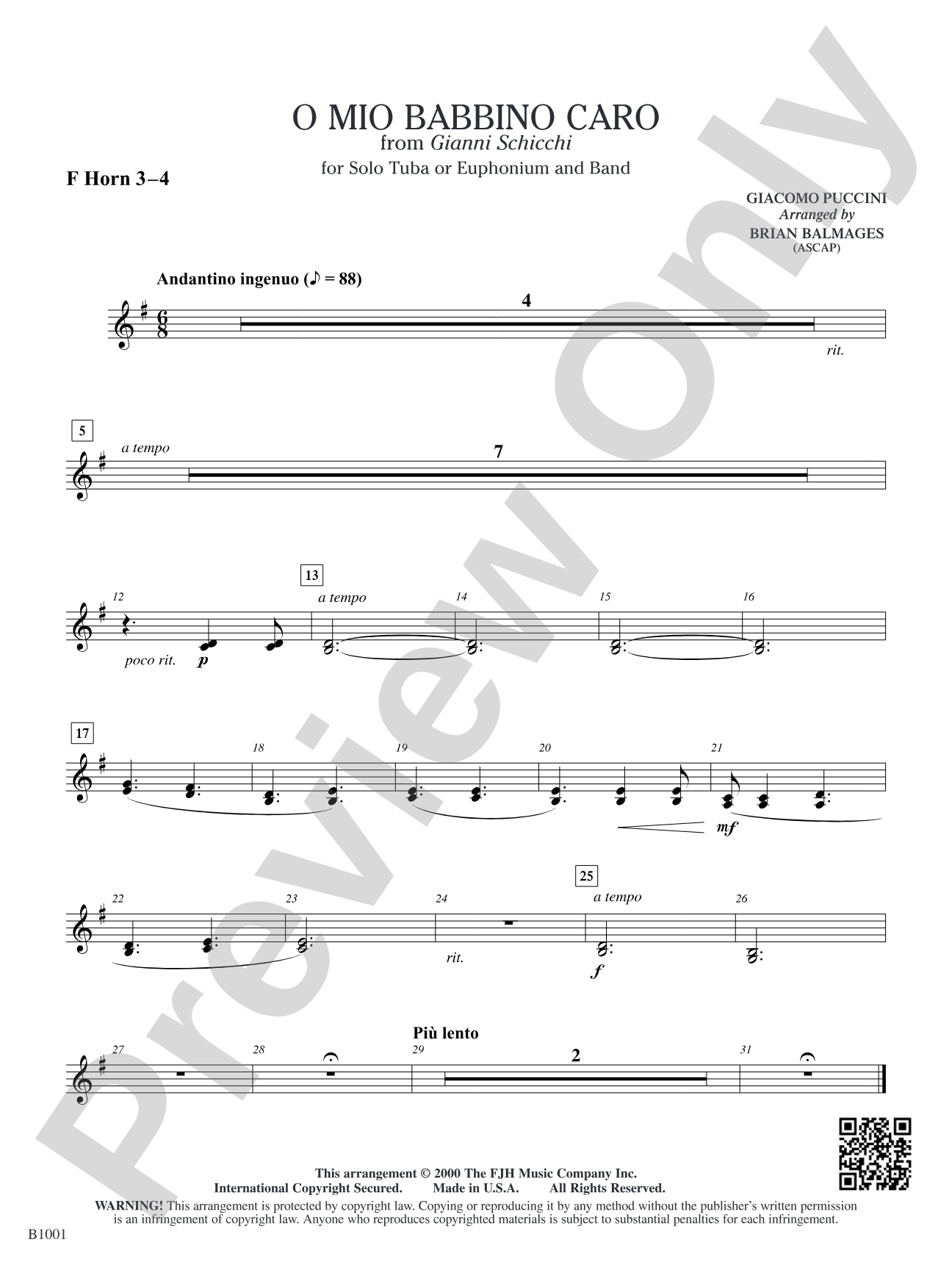 O Mio Babbino Caro (from Puccini's <i>Gianni Schicchi</i>): F Horn 3–4