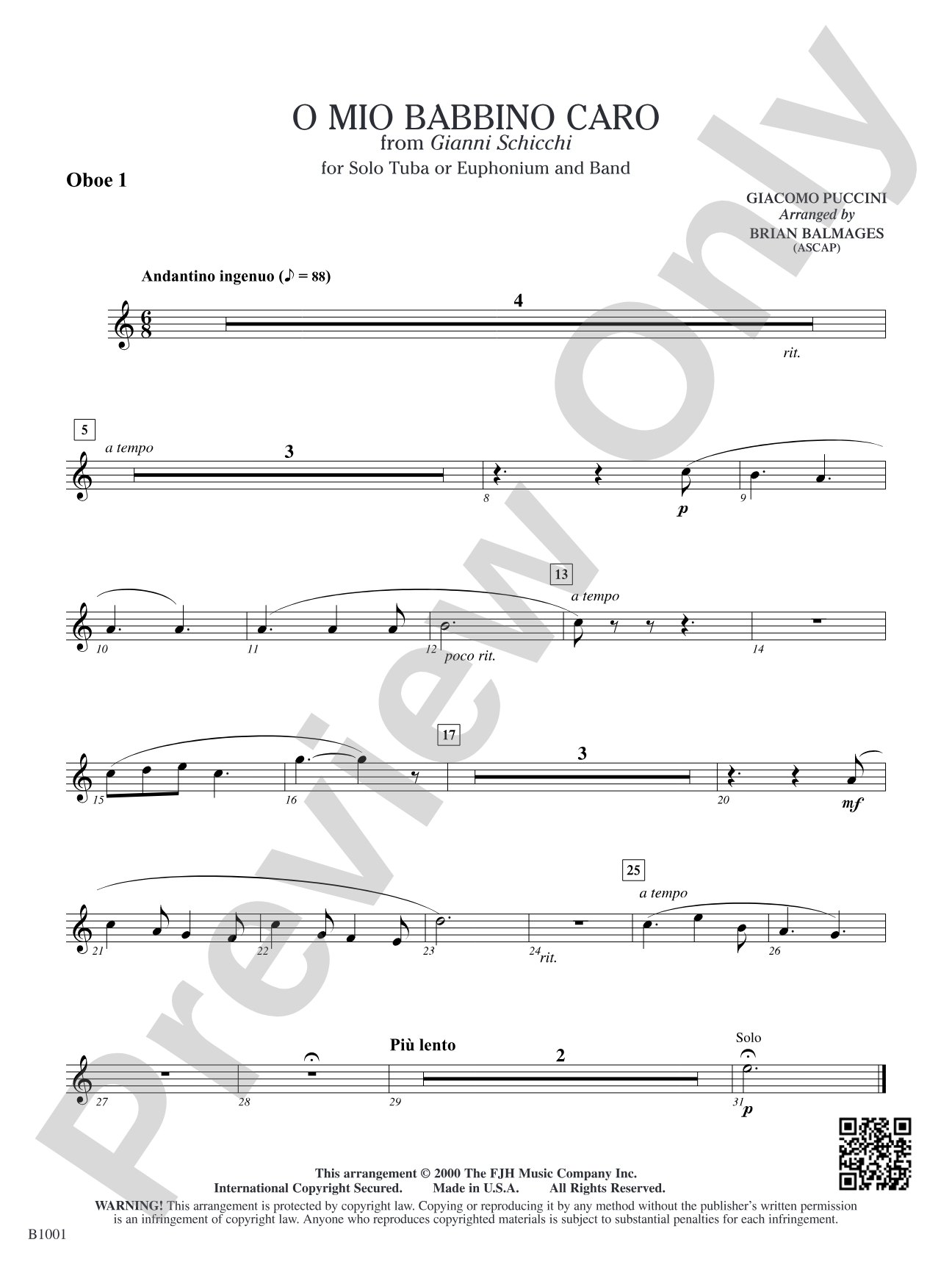 O Mio Babbino Caro (from Puccini's <i>Gianni Schicchi</i>): Oboe 1