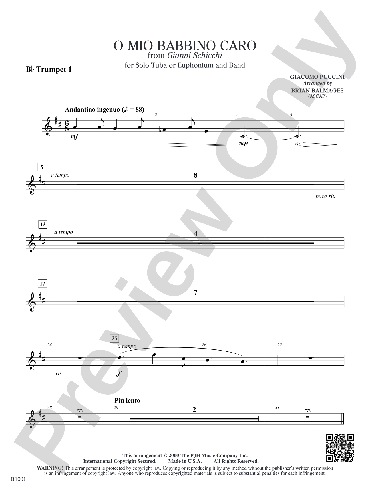 O Mio Babbino Caro (from Puccini's <i>Gianni Schicchi</i>): B-flat Trumpet 1