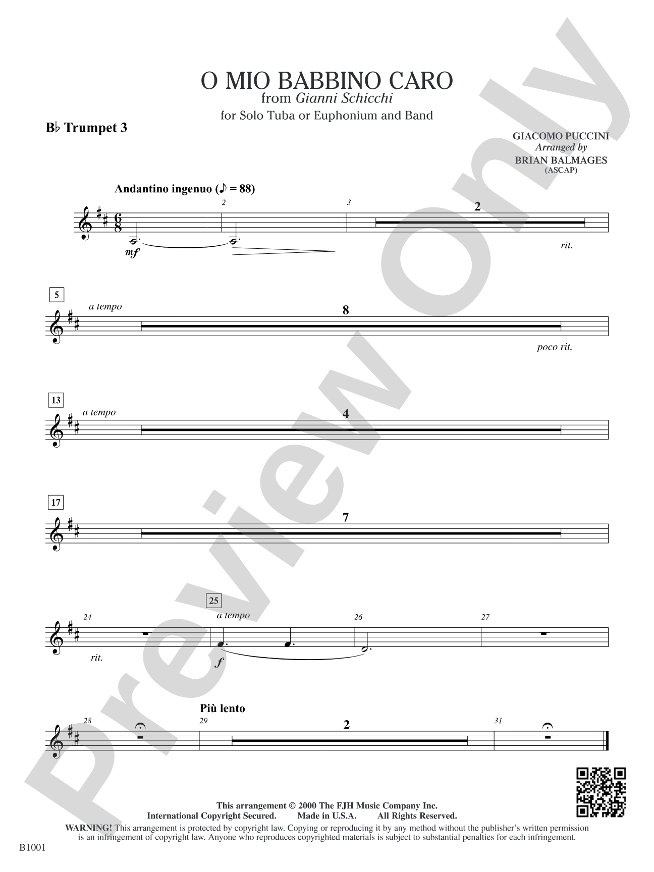 O Mio Babbino Caro (from Puccini's <i>Gianni Schicchi</i>): B-flat Trumpet 3