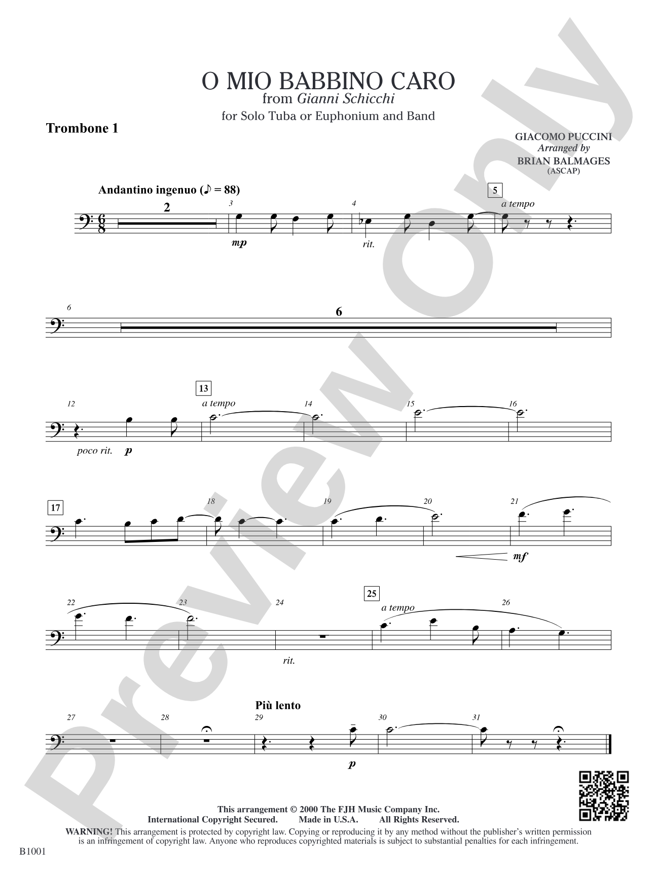 O Mio Babbino Caro (from Puccini's <i>Gianni Schicchi</i>): Trombone 1
