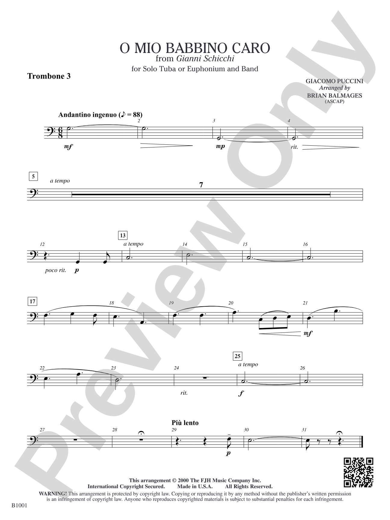 O Mio Babbino Caro (from Puccini's <i>Gianni Schicchi</i>): Trombone 3