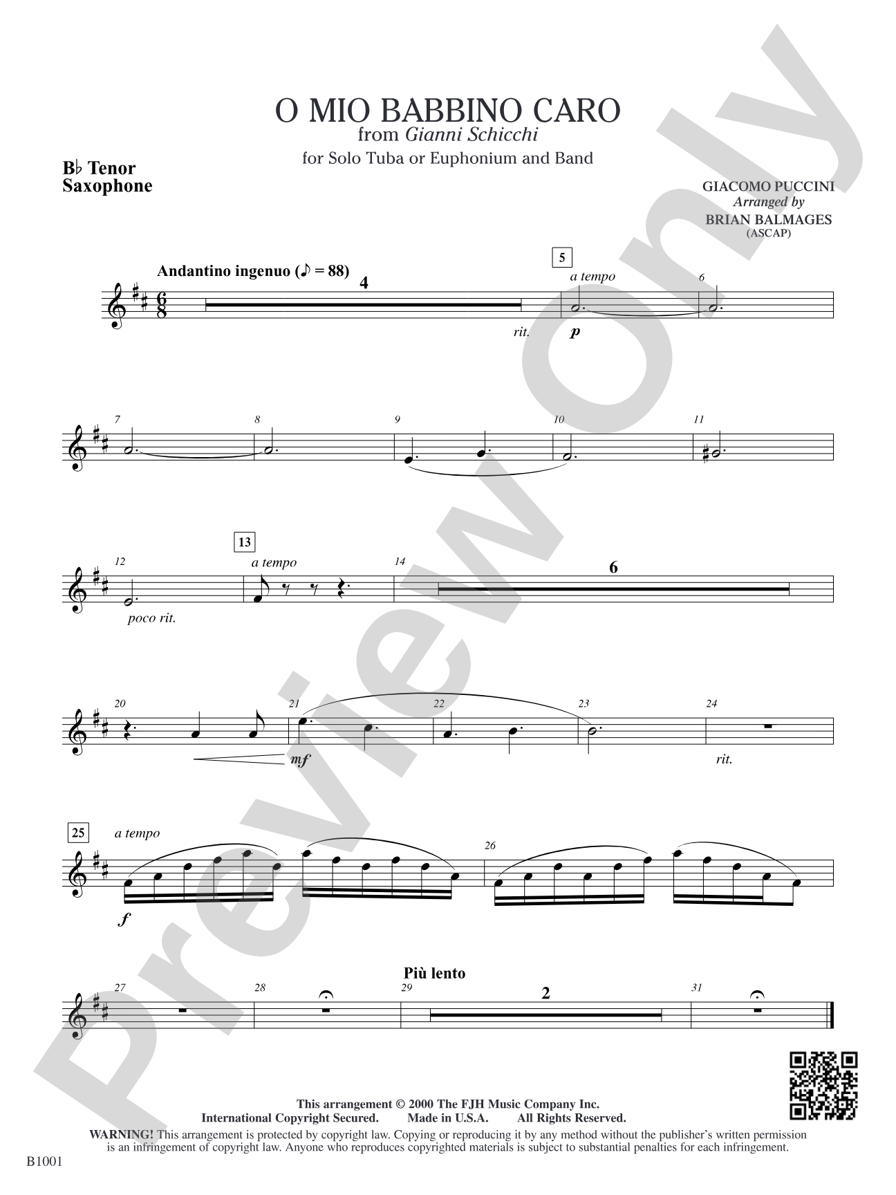 O Mio Babbino Caro (from Puccini's <i>Gianni Schicchi</i>): B-flat Tenor Saxophone