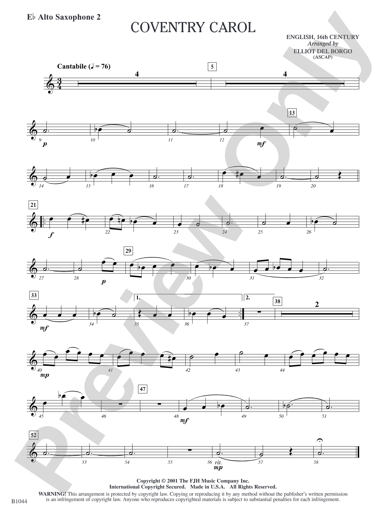Coventry Carol: E-flat Alto Saxophone 2