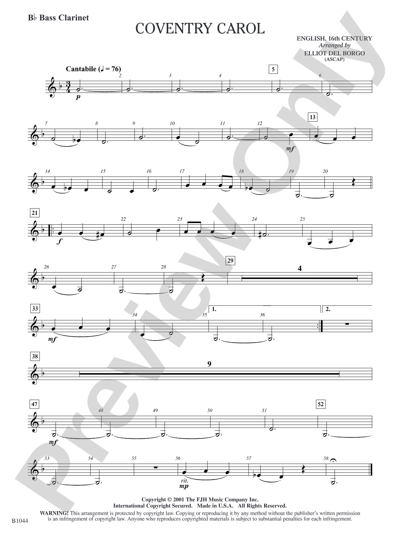 Coventry Carol: B-flat Bass Clarinet