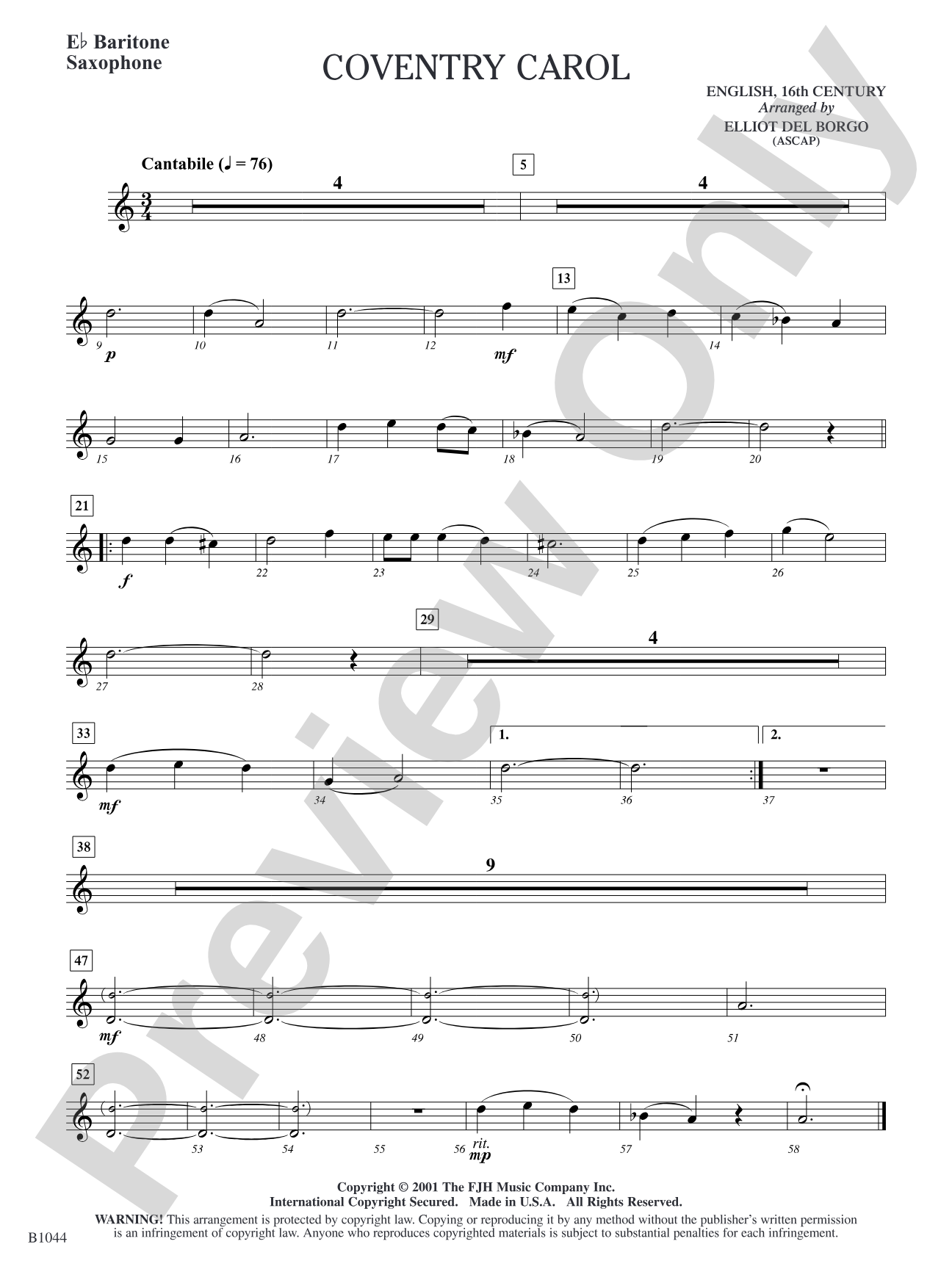 Coventry Carol: E-flat Baritone Saxophone