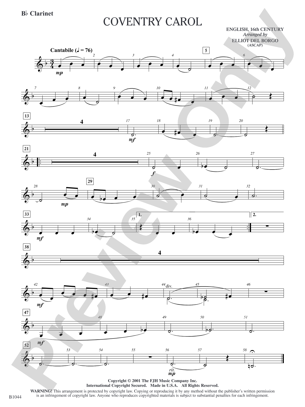 Coventry Carol: B-flat Clarinet