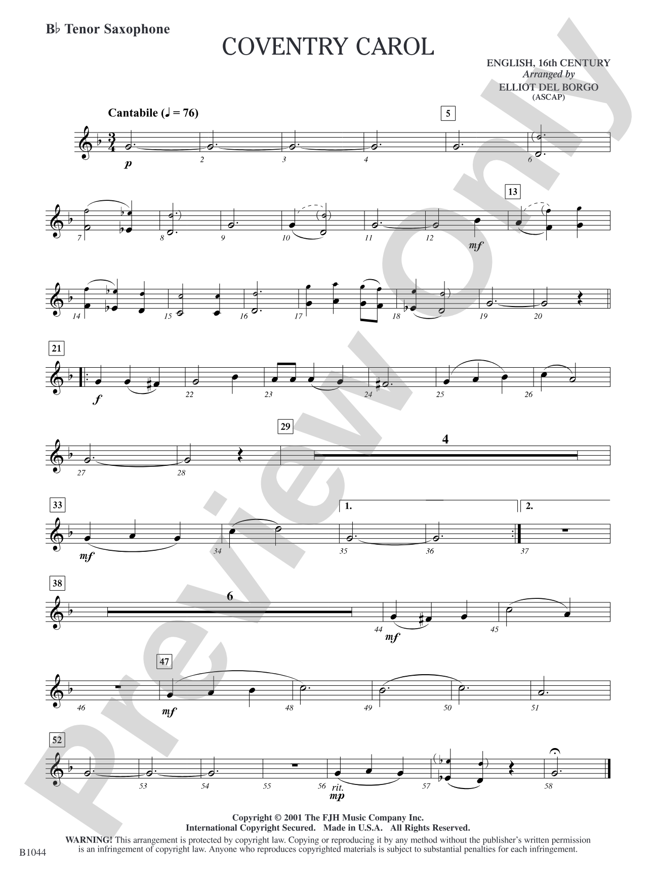 Coventry Carol: B-flat Tenor Saxophone