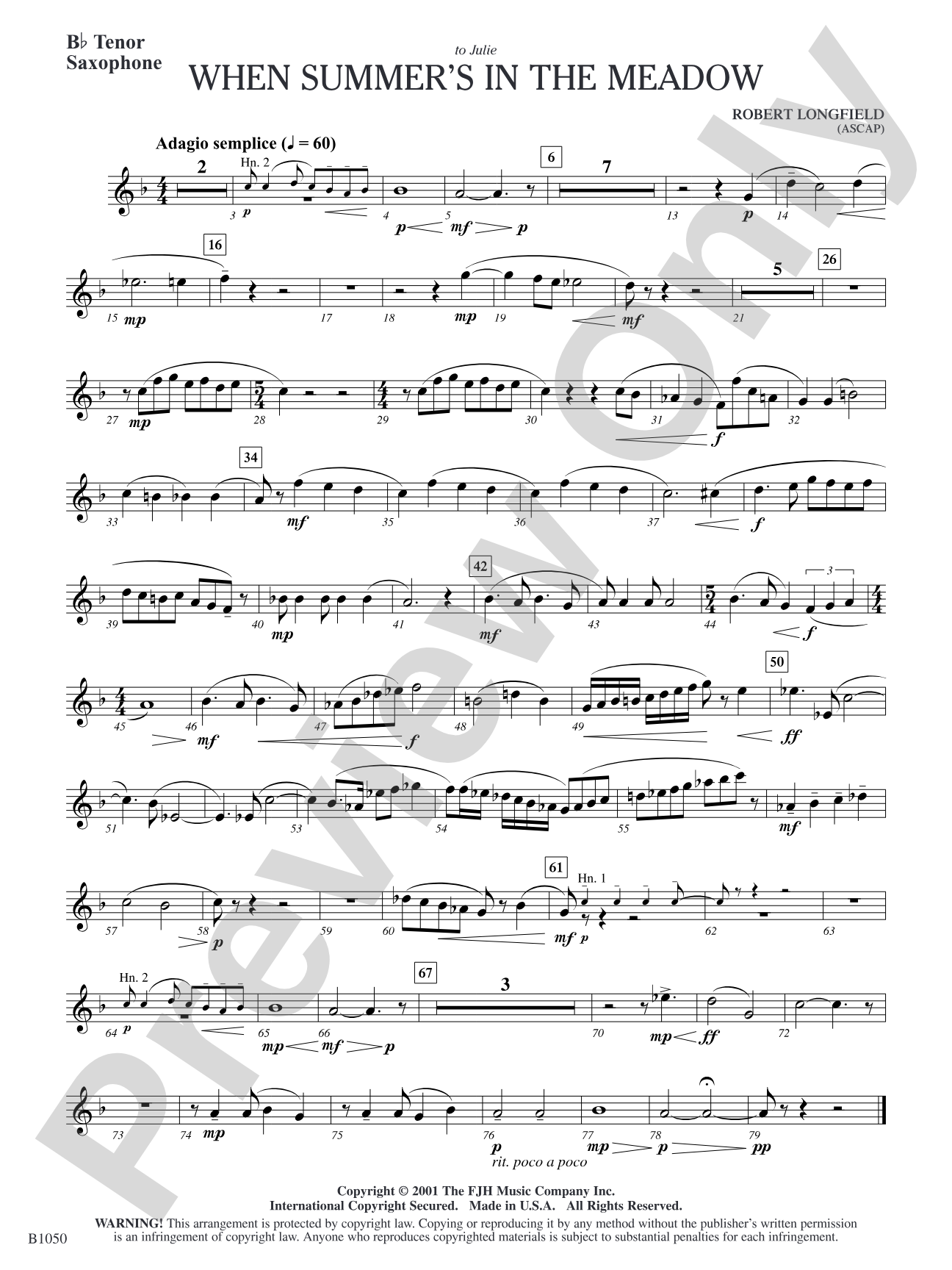 When Summer's in the Meadow: B-flat Tenor Saxophone