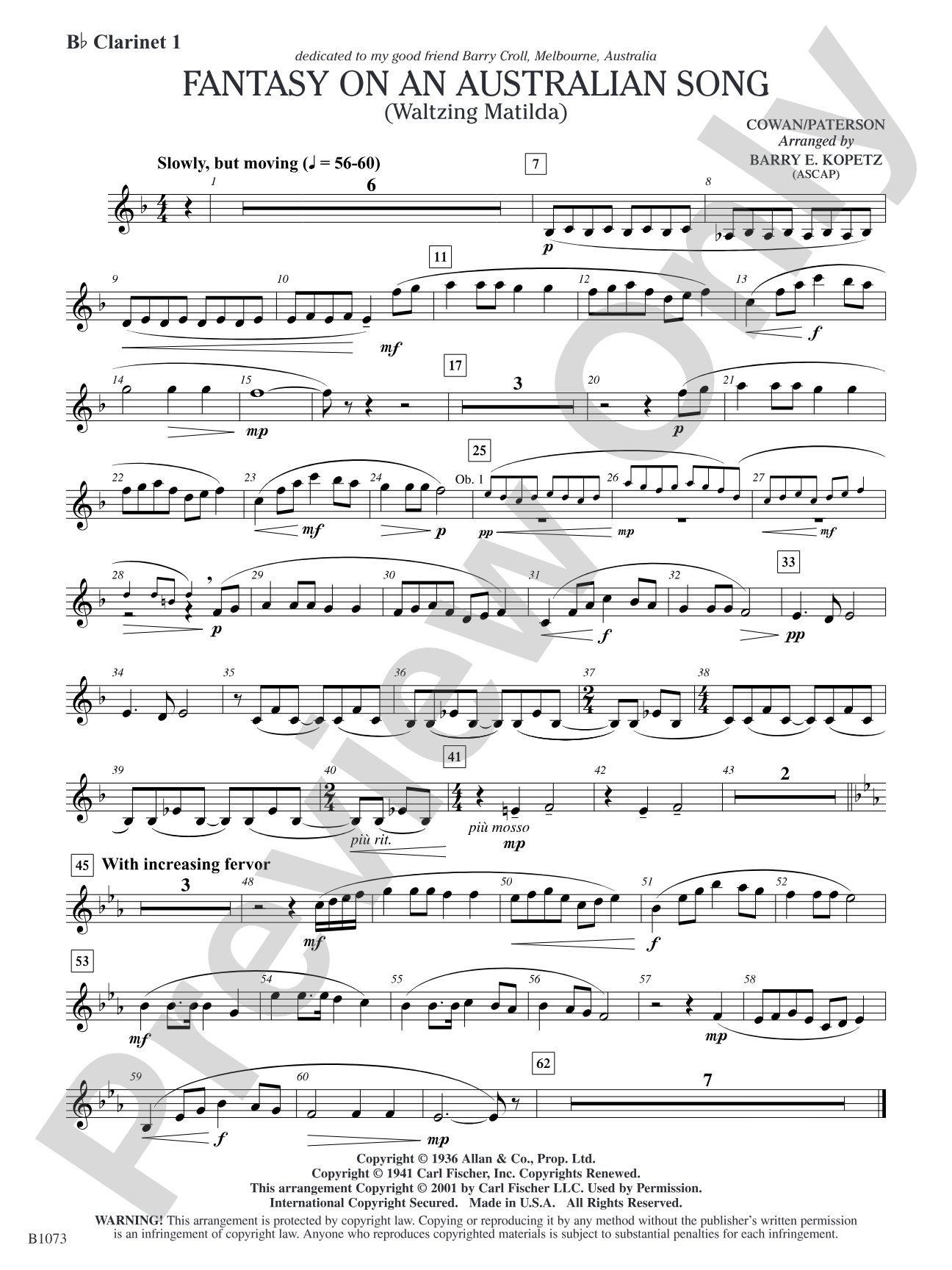 Fantasy on an Australian Song: B-flat Clarinet 1
