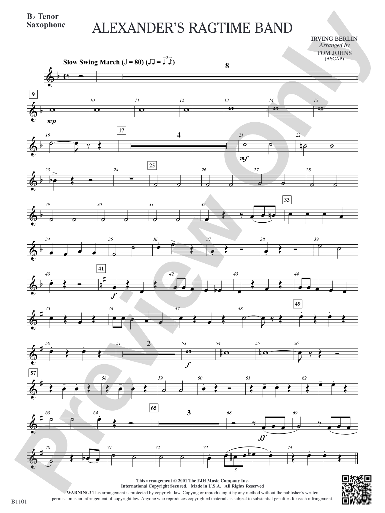 Alexander's Ragtime Band: B-flat Tenor Saxophone