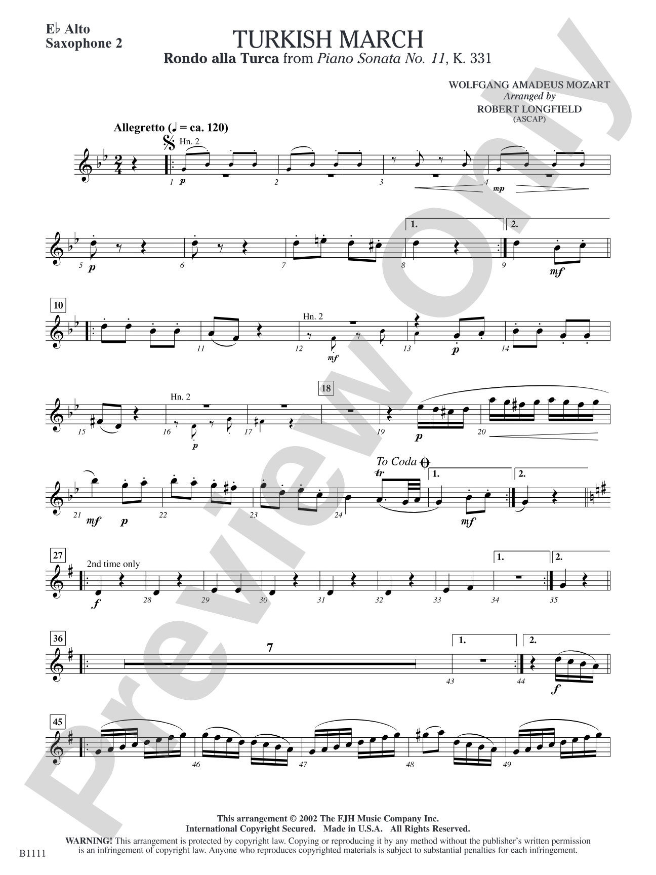 Turkish March (Rondo alla Turca): E-flat Alto Saxophone 2