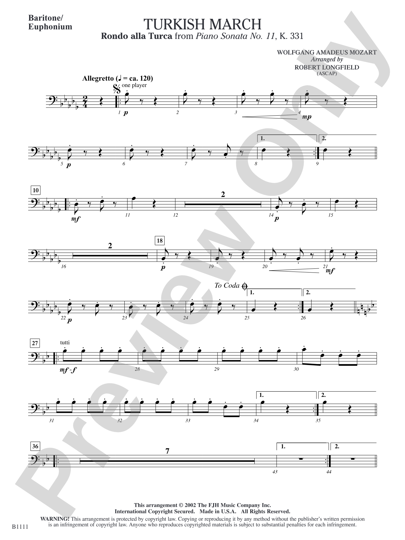 Turkish March (Rondo alla Turca): Baritone/Euphonium