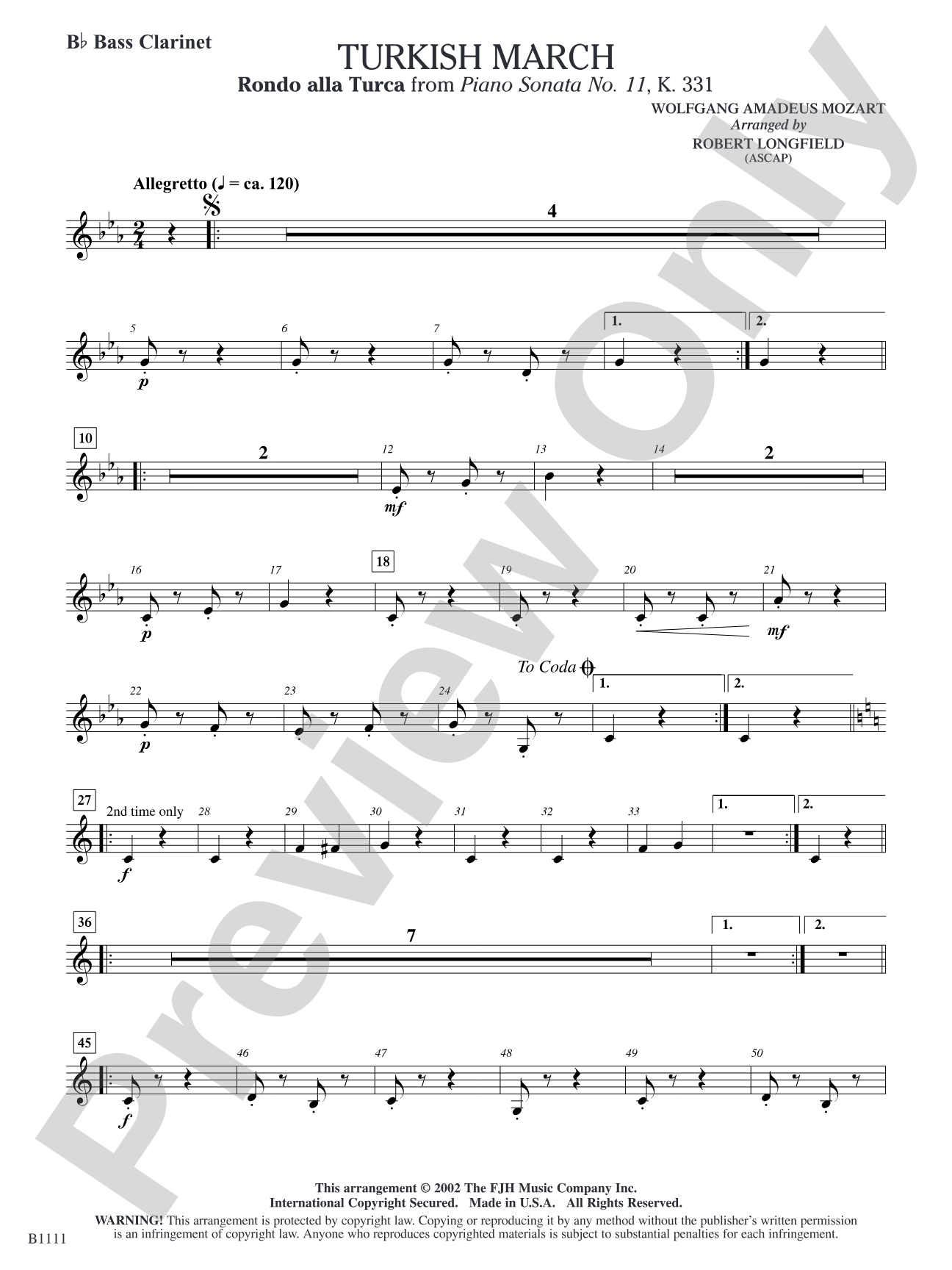 Turkish March (Rondo alla Turca): B-flat Bass Clarinet