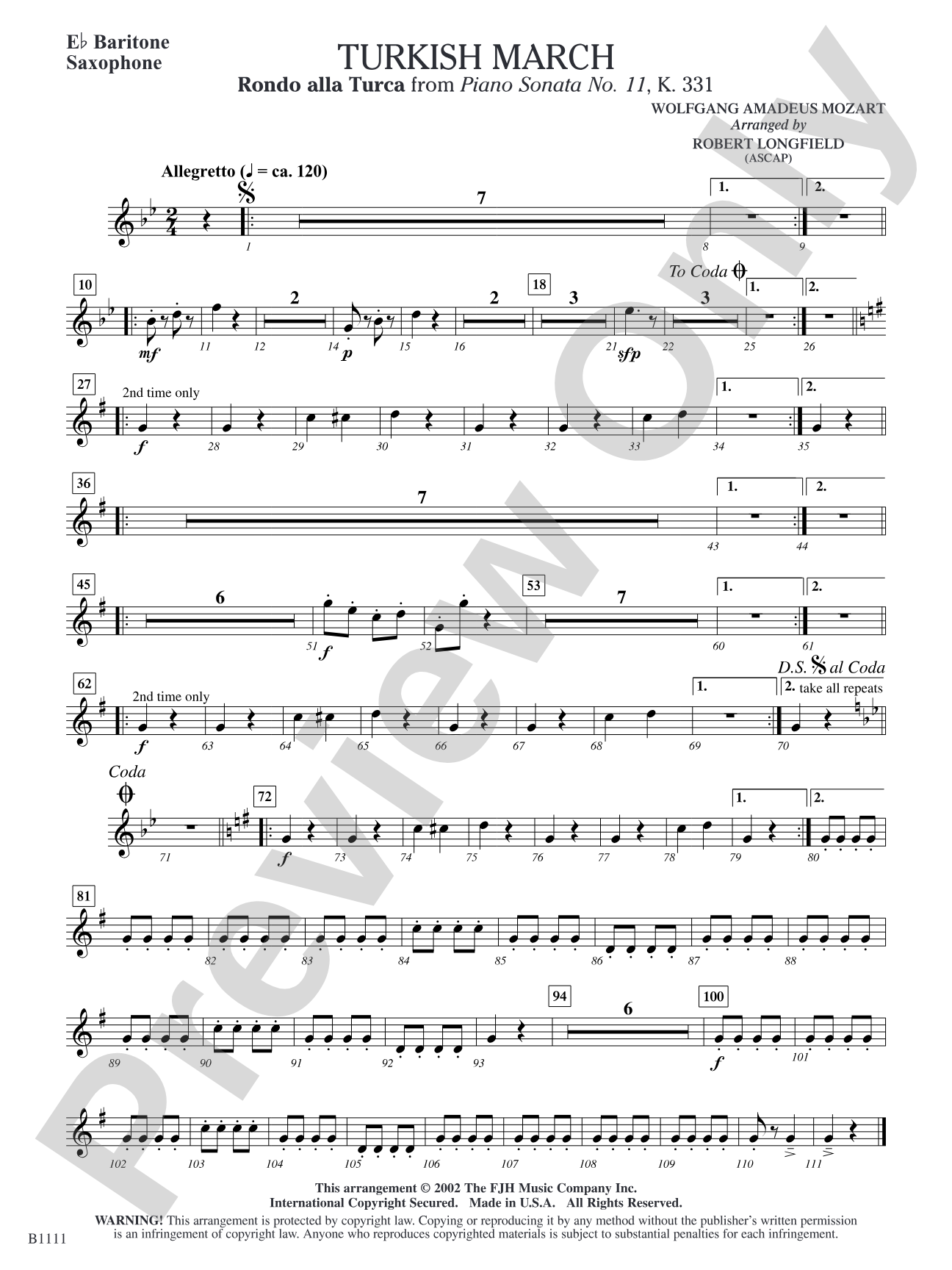 Turkish March (Rondo alla Turca): E-flat Baritone Saxophone