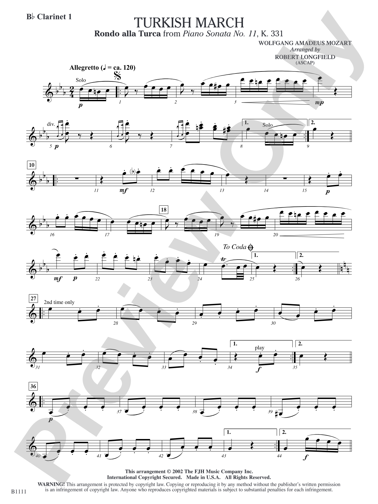 Turkish March (Rondo alla Turca): B-flat Clarinet 1