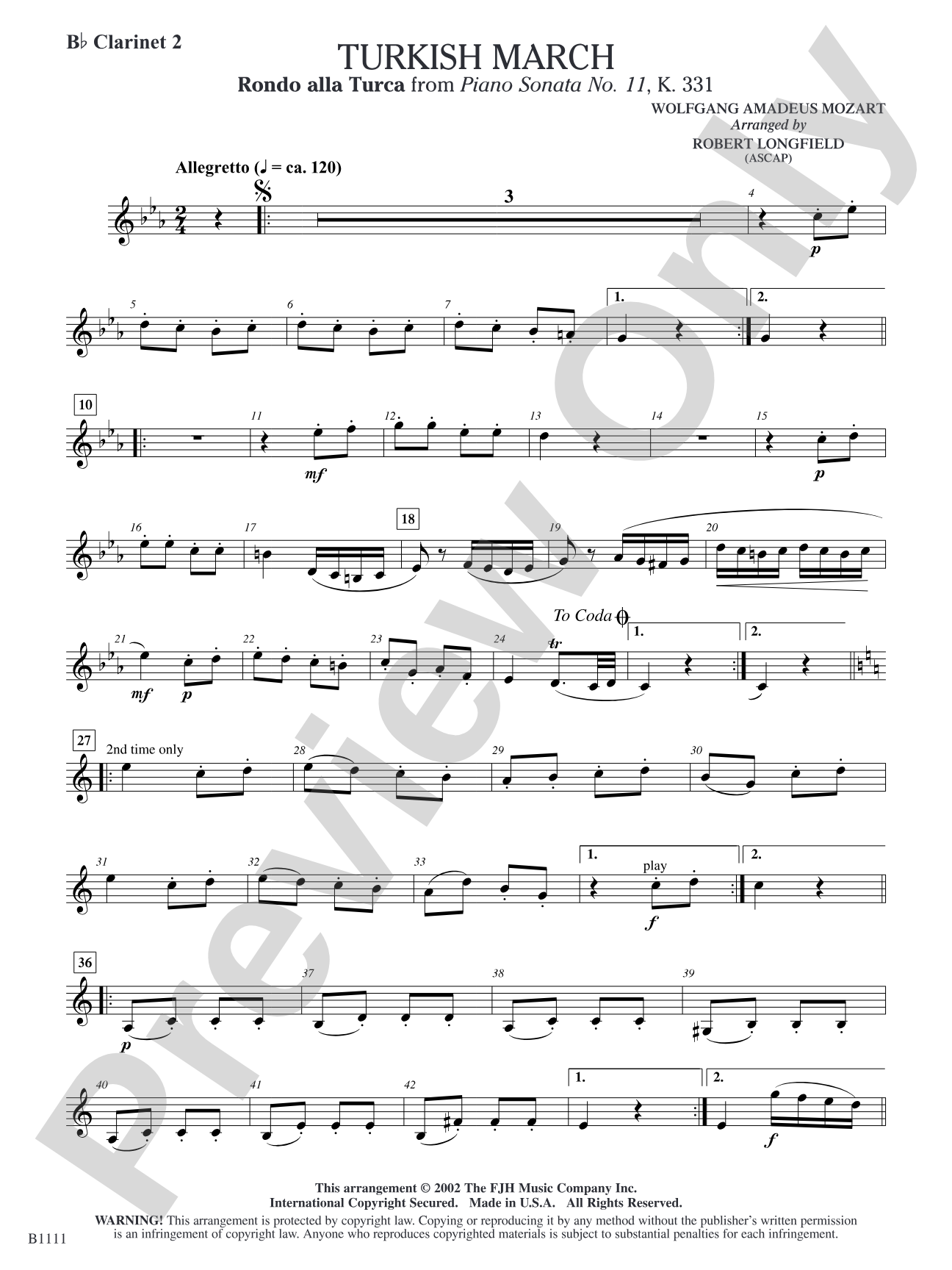 Turkish March (Rondo alla Turca): B-flat Clarinet 2