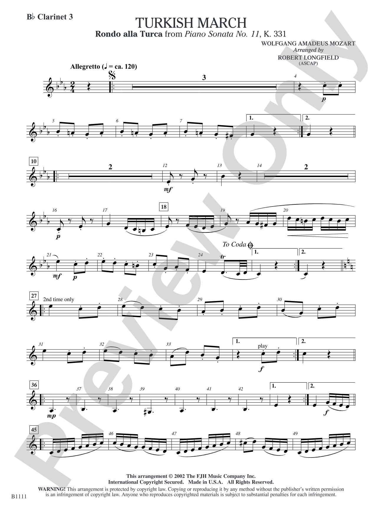 Turkish March (Rondo alla Turca): B-flat Clarinet 3