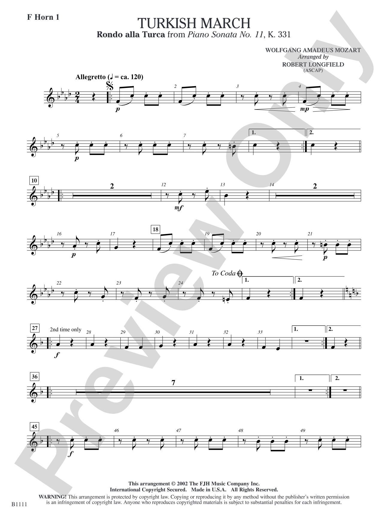 Turkish March (Rondo alla Turca): F Horn 1
