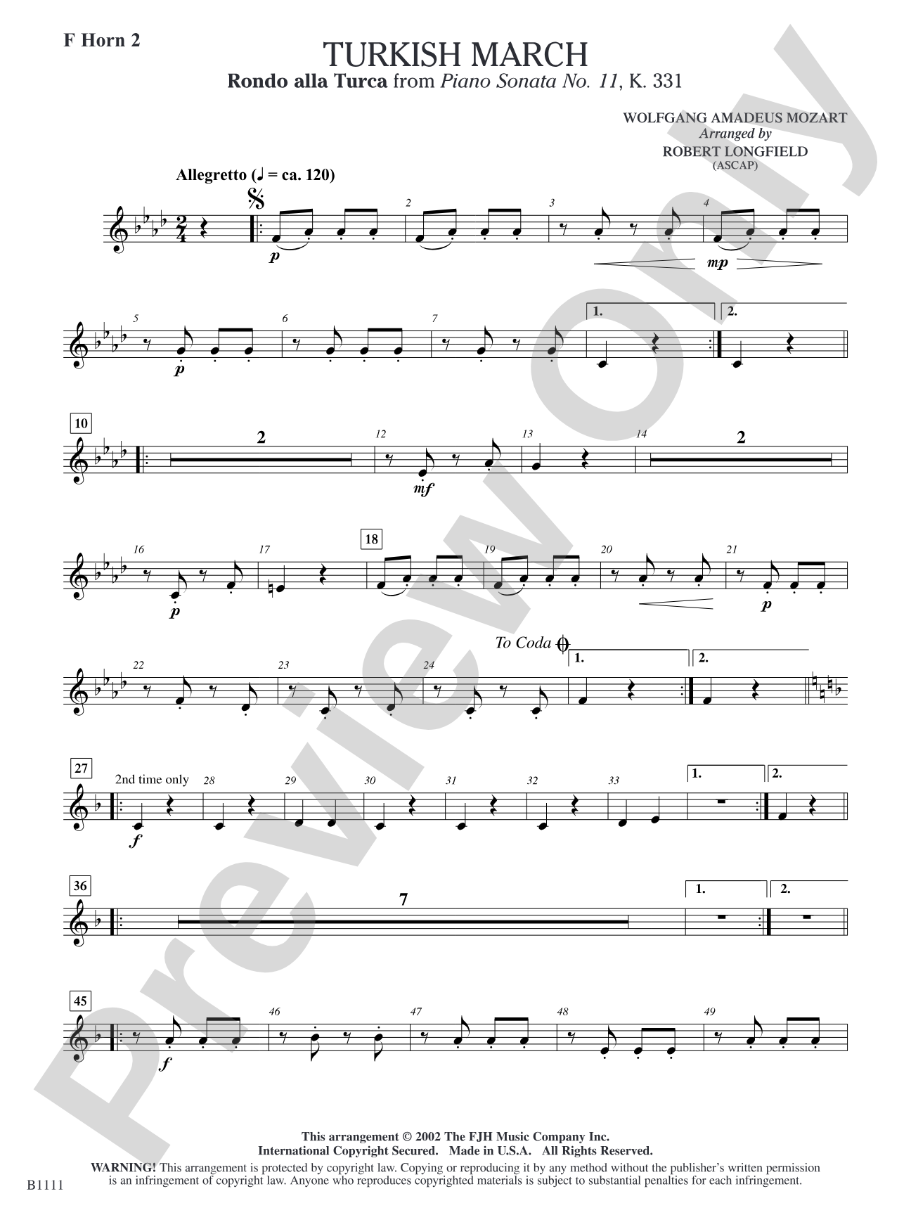 Turkish March (Rondo alla Turca): F Horn 2