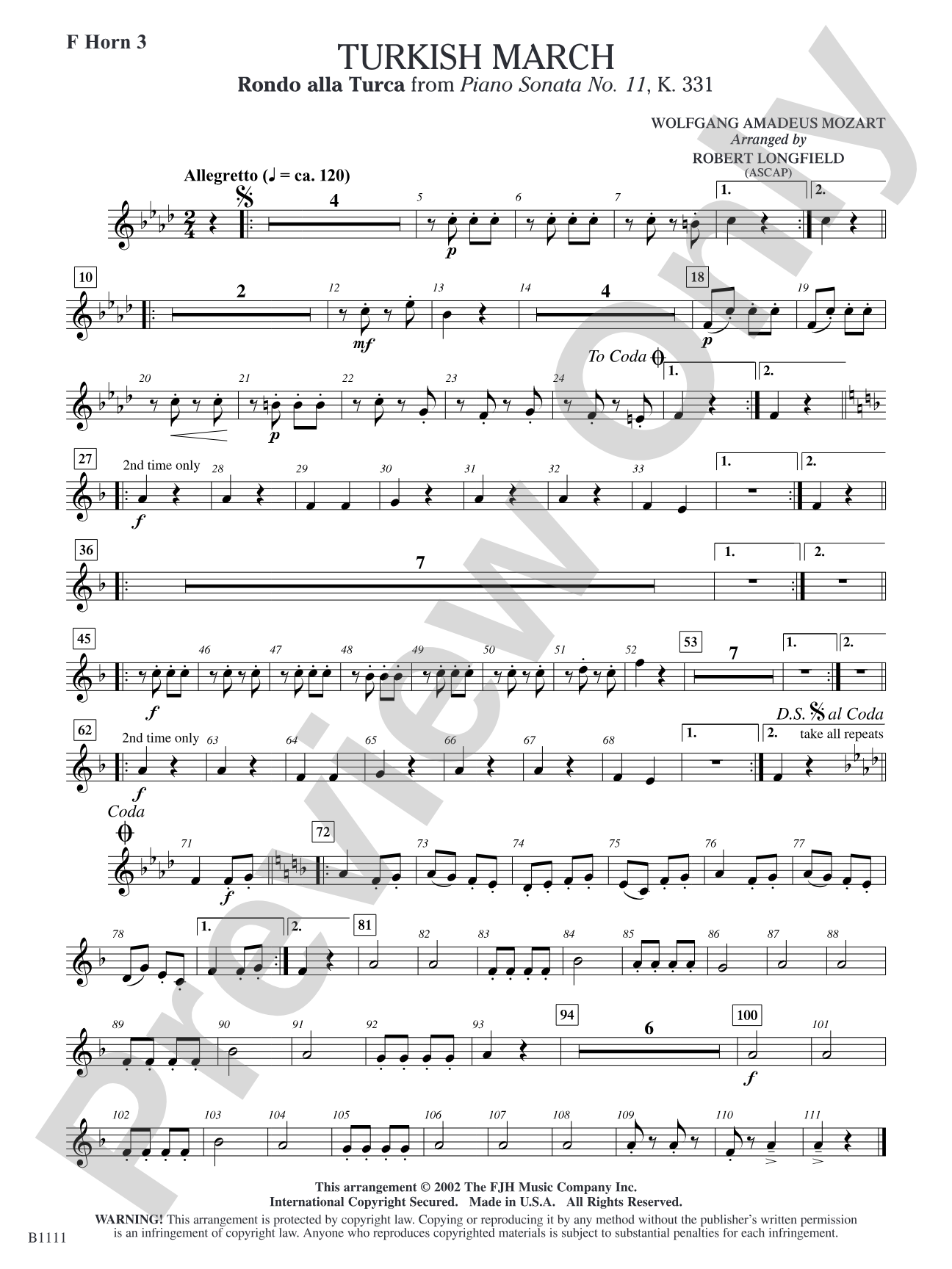 Turkish March (Rondo alla Turca): F Horn 3