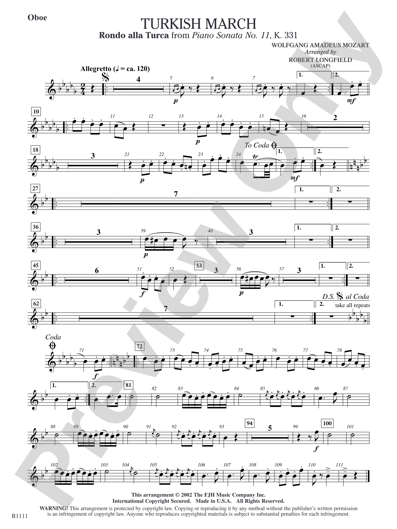 Turkish March (Rondo alla Turca): Oboe