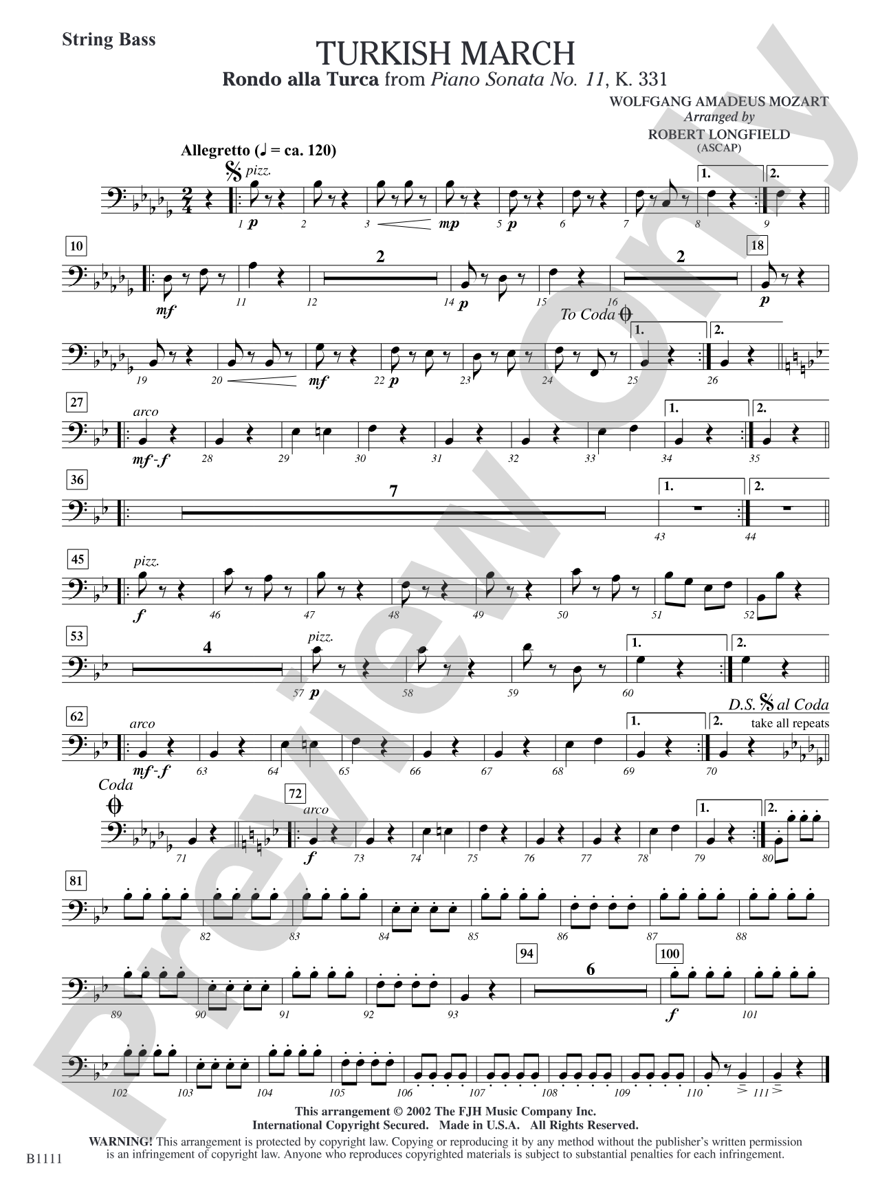 Turkish March (Rondo alla Turca): String Bass