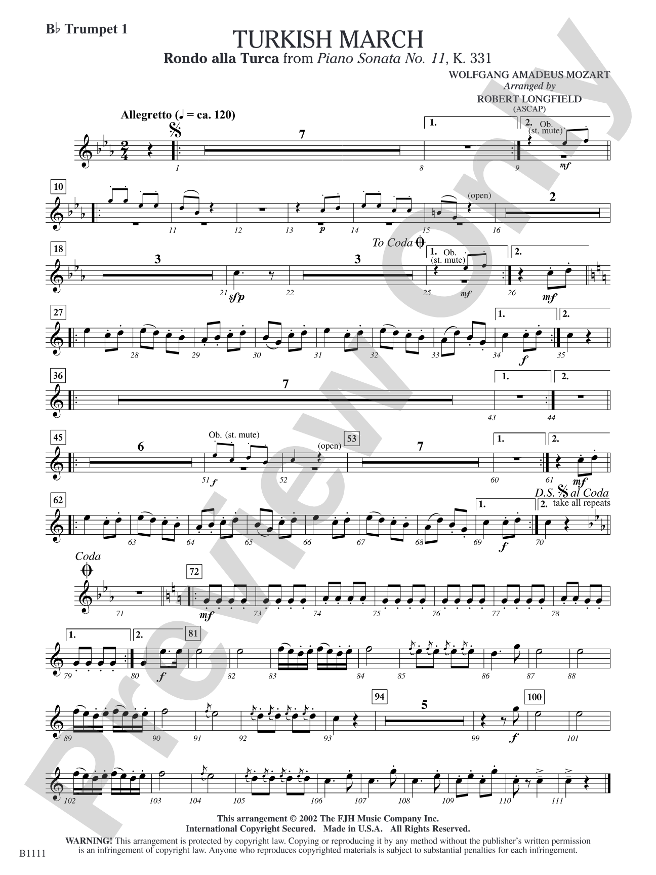 Turkish March (Rondo alla Turca): B-flat Trumpet 1